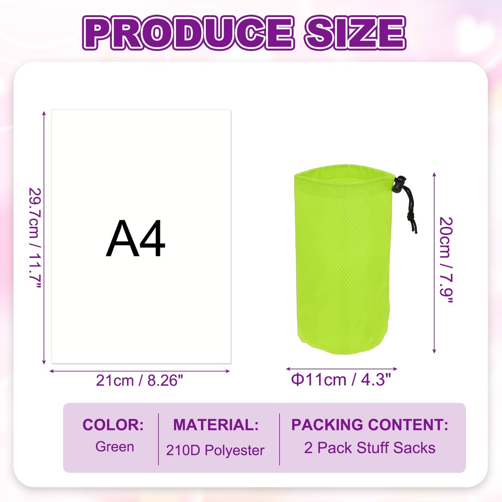 PRODUCE SIZE

- A4
  - 29.7cm / 11.7"
  - 21cm / 8.26"
  - 20cm / 7.9"
  - 11cm / 4.3"

COLOR: Green

MATERIAL: 210D Polyester

PACKING CONTENT: 2 Pack Stuff Sacks