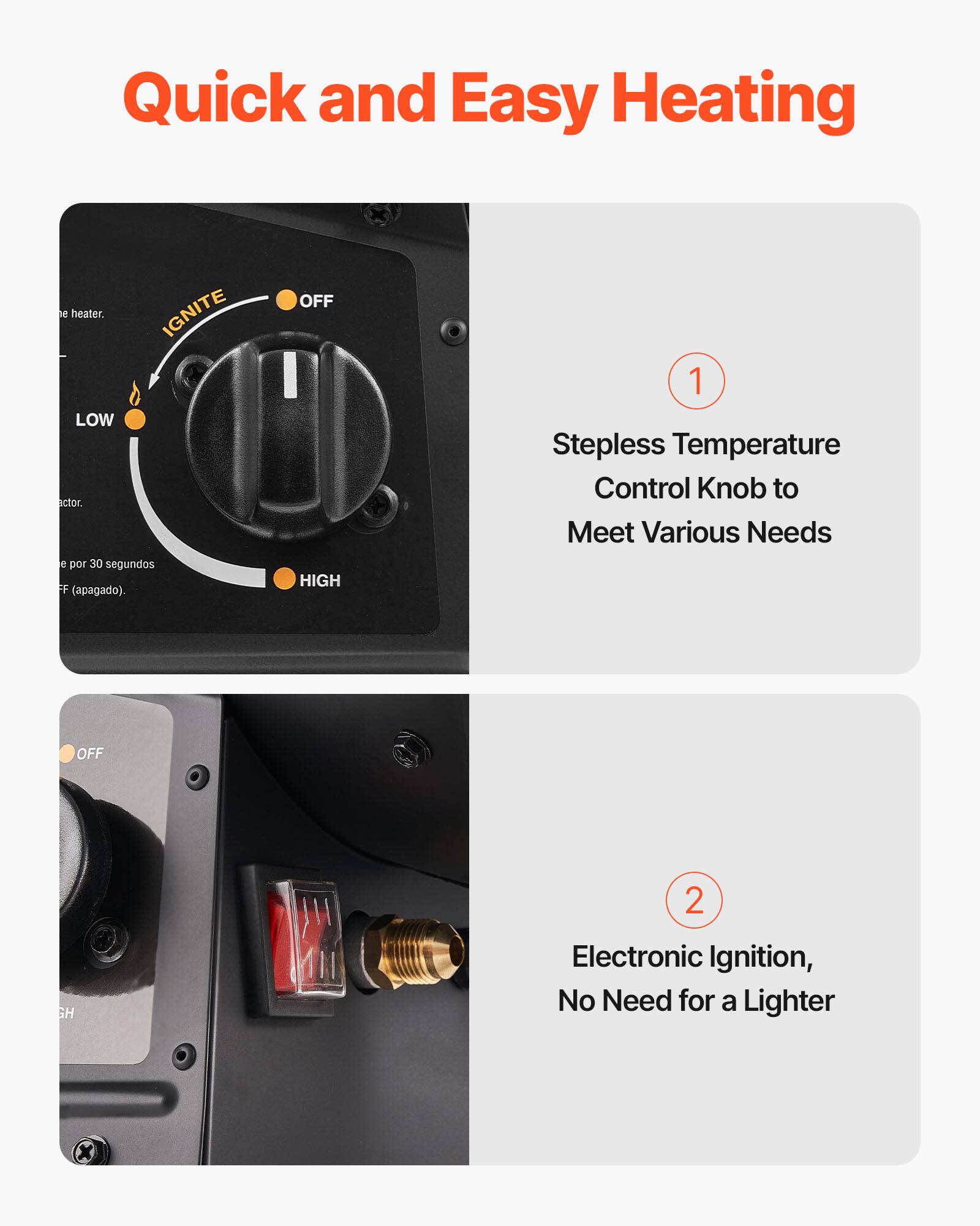 Quick and Easy Heating

1. Stepless Temperature Control Knob to Meet Various Needs
   - LOW
   - HIGH
   - IGNITE
   - OFF
   - e por 30 segundos FF (apagado).

2. Electronic Ignition, No Need for a Lighter