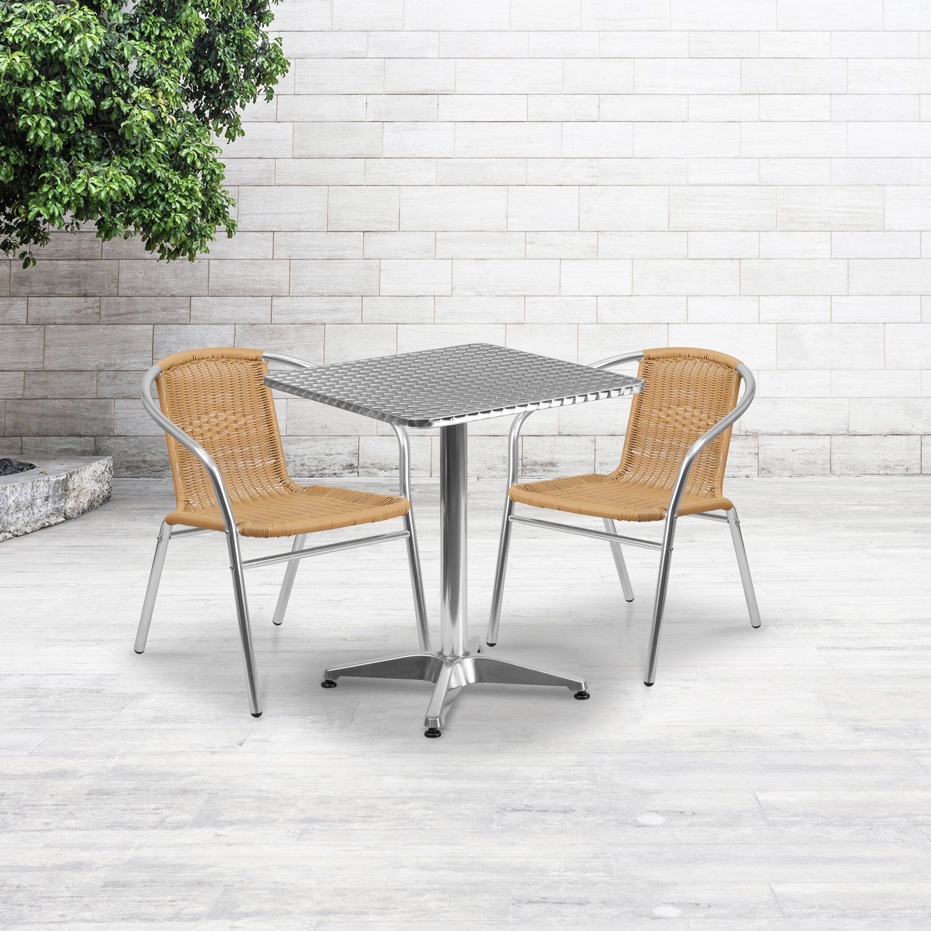 Alt View 1. Emma + Oliver - 23.5" Square Aluminum Garden Patio Table Set with 2 Rattan Chairs - Beige.