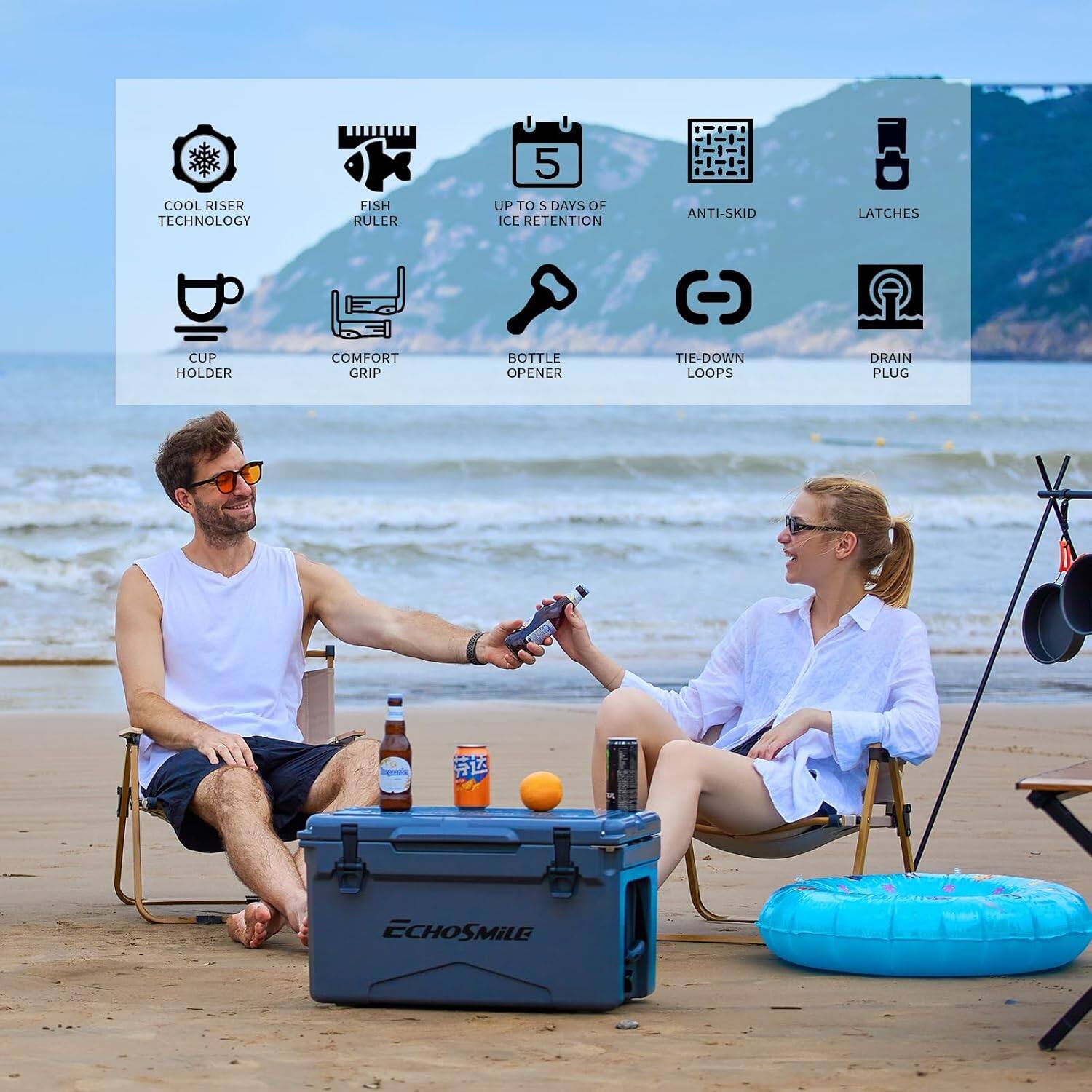 COOL RISER TECHNOLOGY, FISH RULER, 5 UP TO 5 DAYS OF ICE RETENTION, ANTI-SKID, LATCHES, CUP HOLDER, COMFORT GRIP, BOTTLE OPENER, TIE-DOWN LOOPS, DRAIN PLUG, ECHOSMiLE
