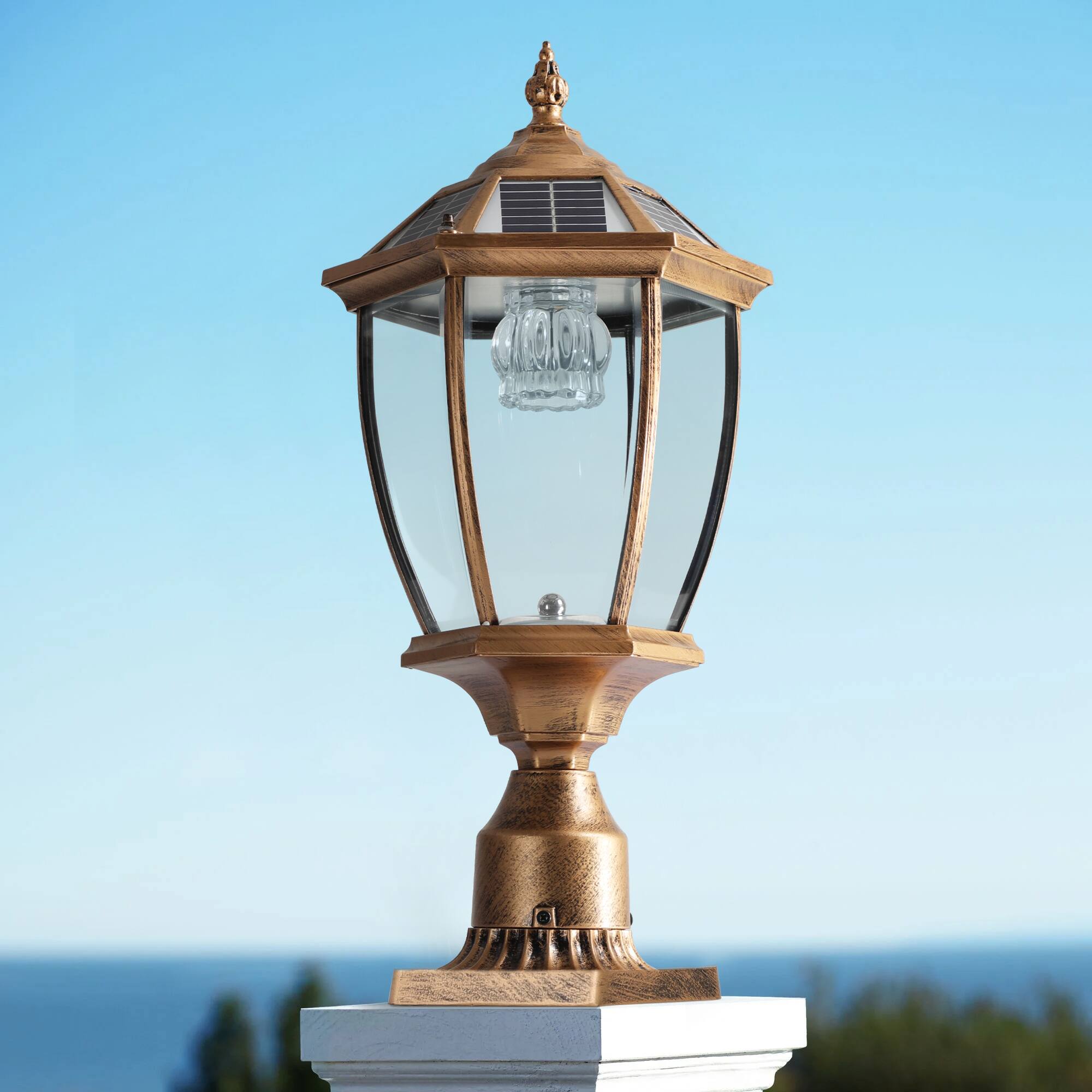 Front. APRILSOUL - 20 inch (H) Golden Solar Powered LED Outdoor Lantern Vintage Garden Light with Elegant Glass Design 1-Pack - Bronze.