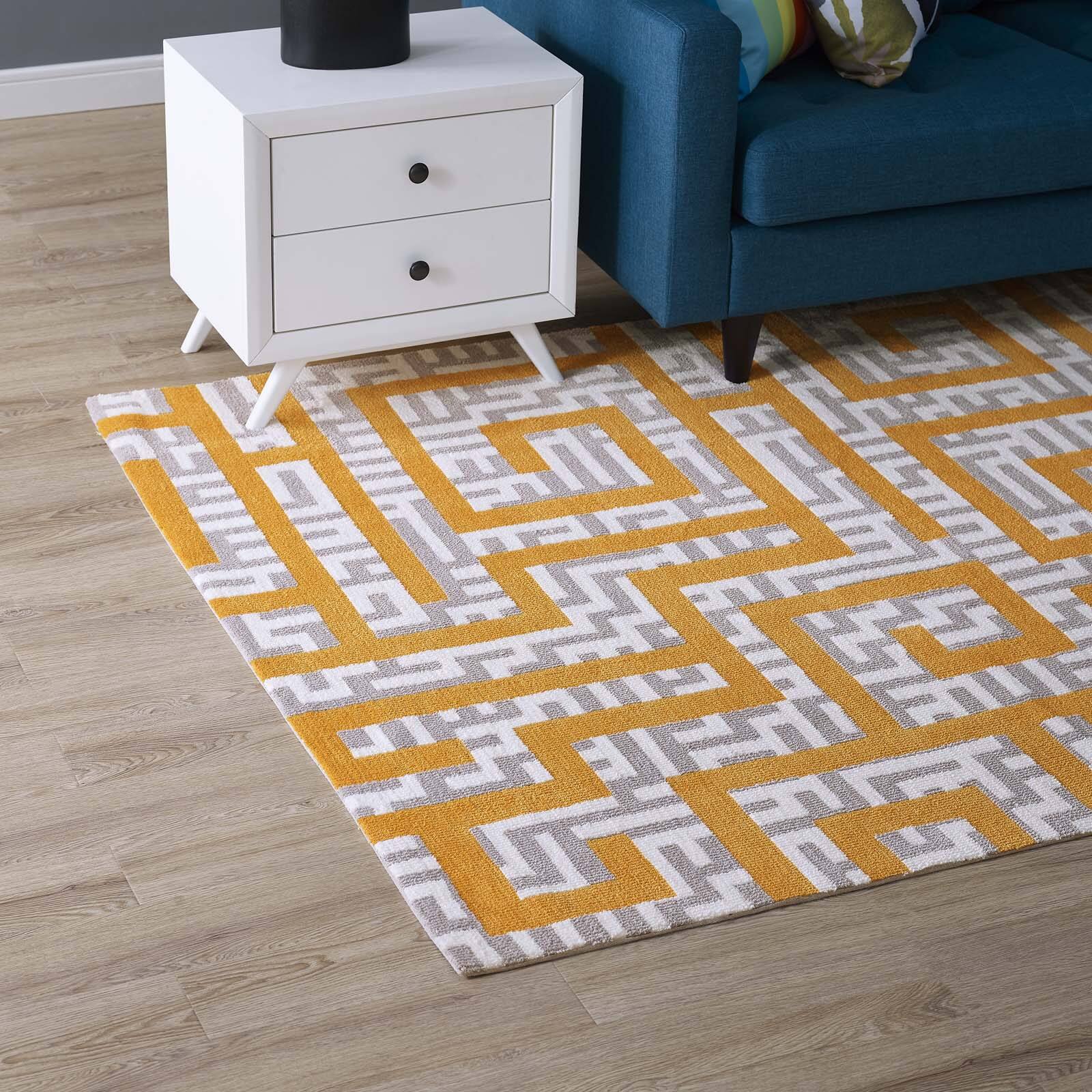 Left. Modway - Nahia Geometric Maze Area Rug - Ivory Light Gray and Banana Yellow.