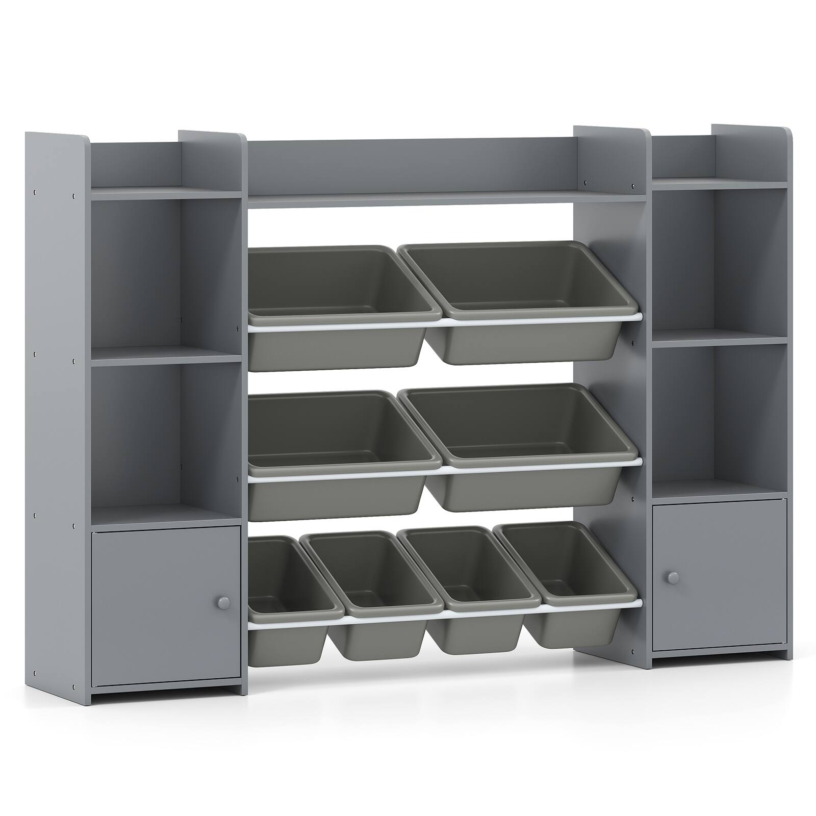 Left. SlickBlue - Kids Toy Organizer with 8 Bins and Bookshelf for Bedroom or Playroom - Grey.