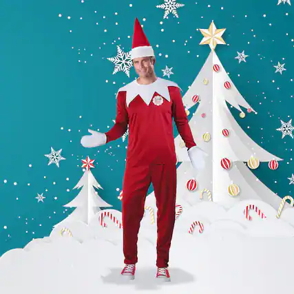 Front. Fun World - The Elf on the Shelf Men's Christmas Costume - Medium - Red.