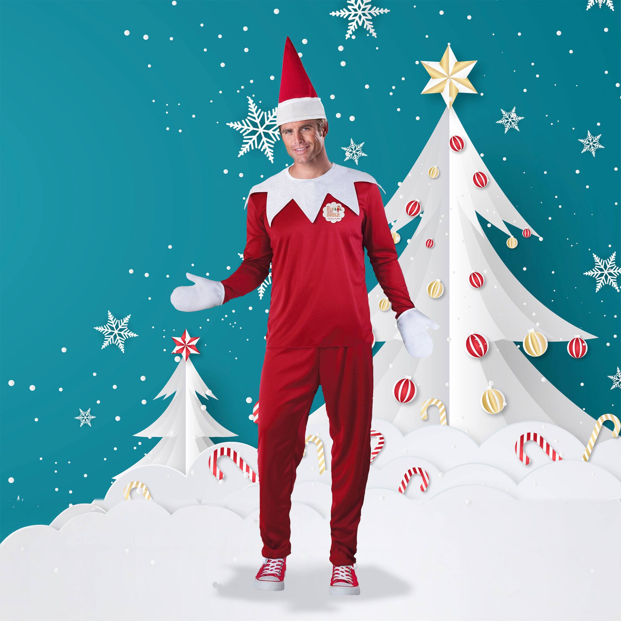 Front. Fun World - The Elf on the Shelf Men's Christmas Costume - Medium - Red.