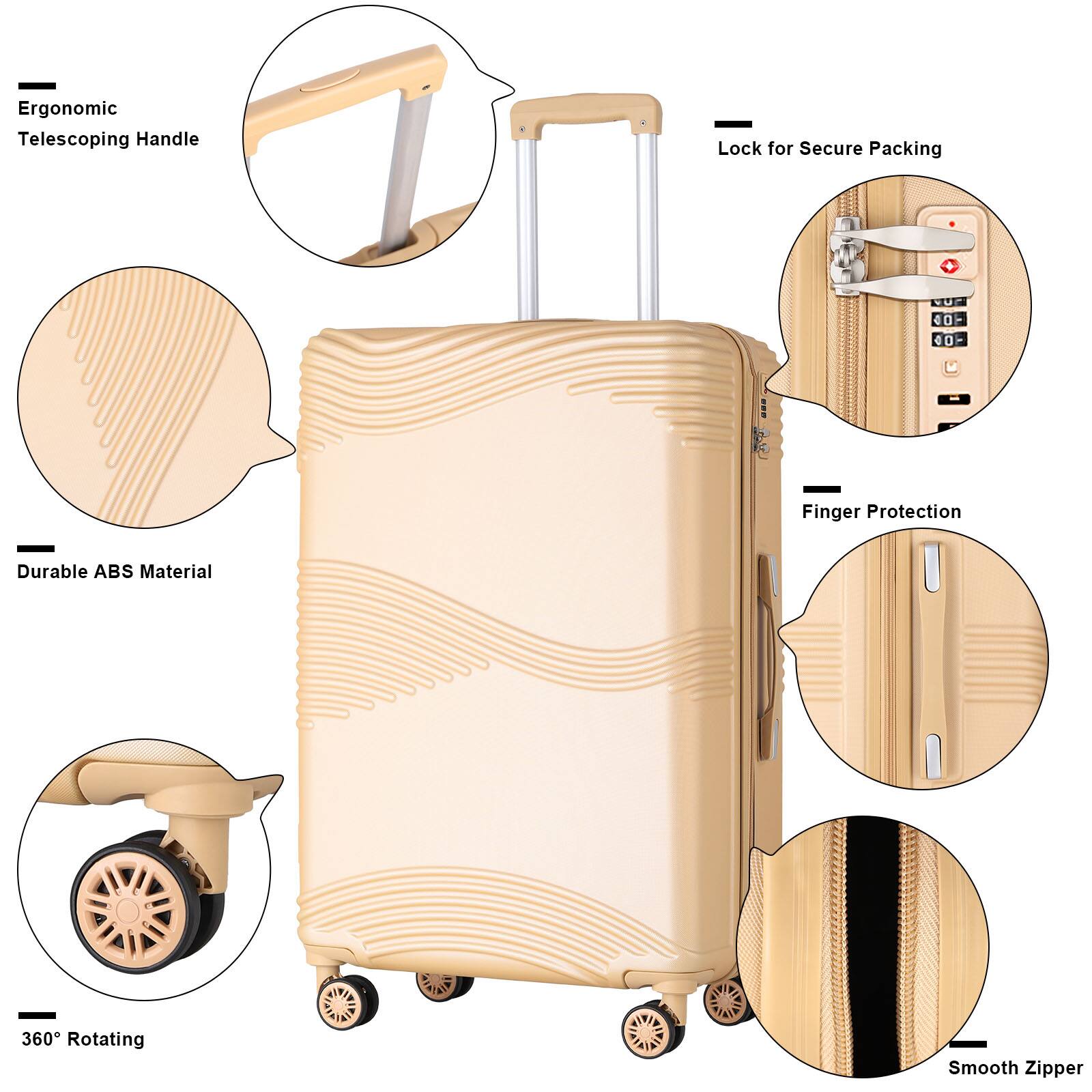 - Ergonomic Telescoping Handle
- Lock for Secure Packing
- Durable ABS Material
- Finger Protection
- 360° Rotating
- Smooth Zipper