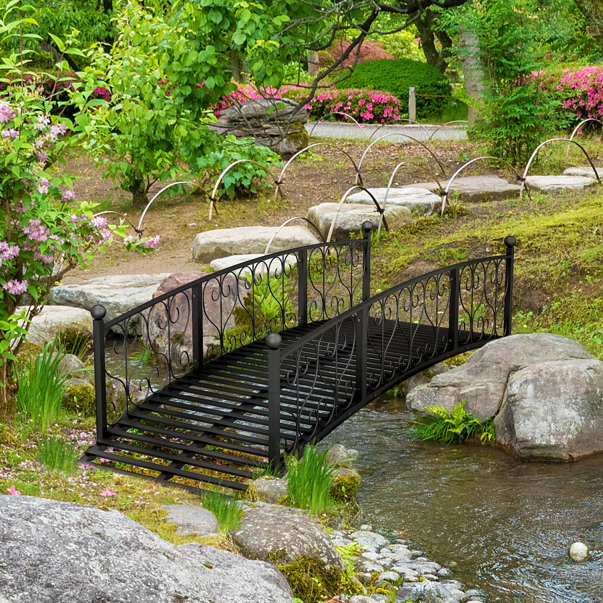 Alt View 1. Outsunny - Metal Arch Garden Bridge Arc Footbridge with Side Railings Decorative Scrollwork - Black.