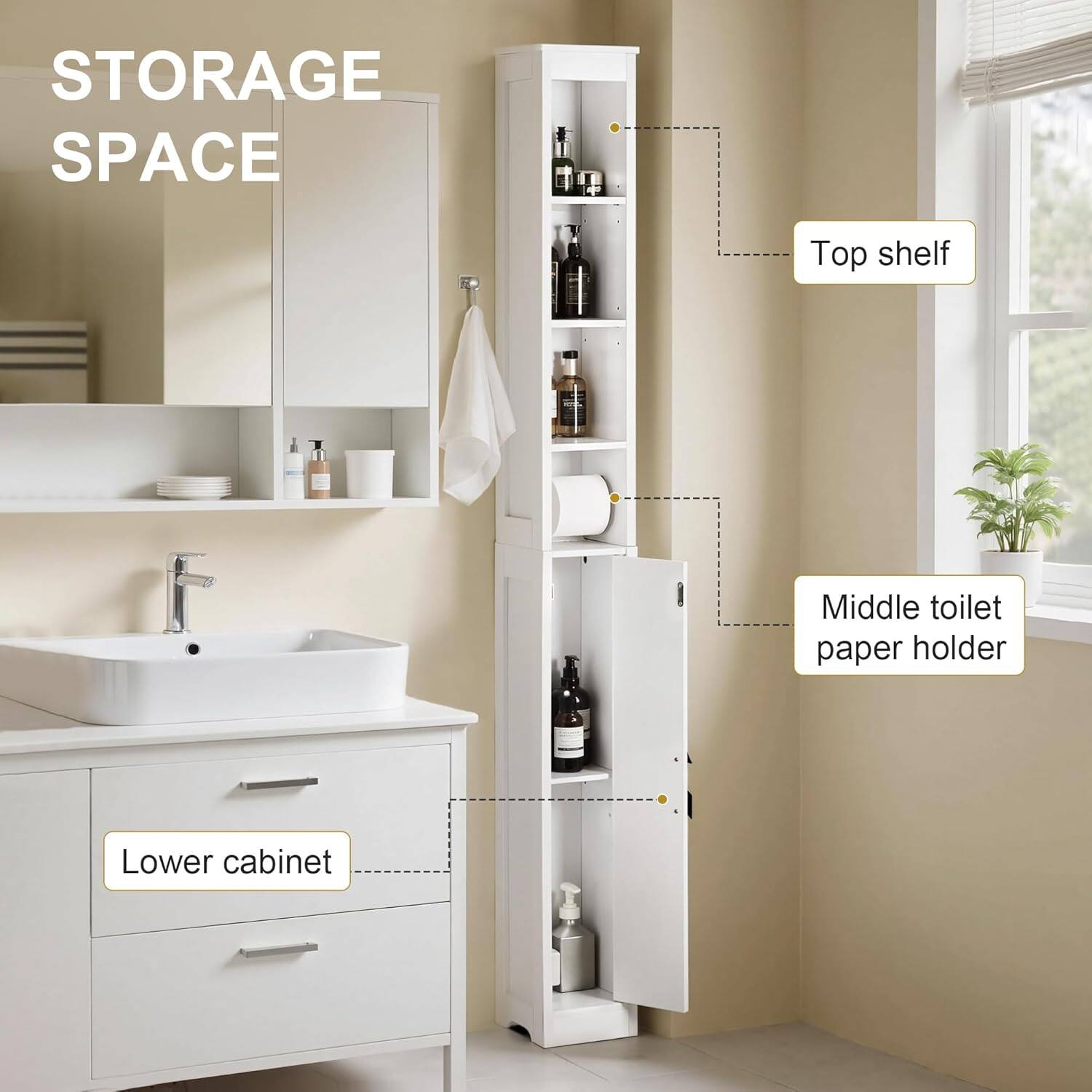 STORAGE SPACE

- Top shelf
- Middle toilet paper holder
- Lower cabinet