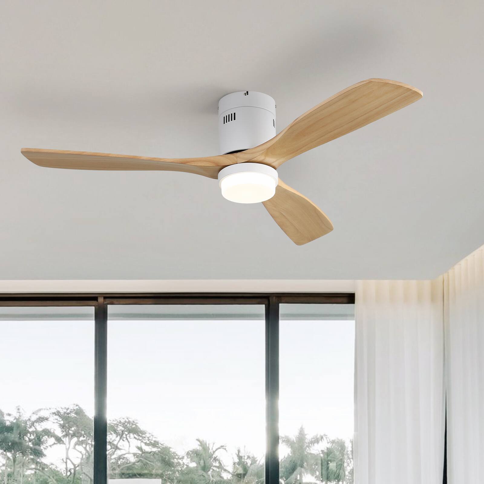 Angle. Sofucor - 52 Inch Wood Ceiling Fans with Lights and Remote High CFM Solid Wood Ceiling Fans for Bedroom Patio Indoor Outdoor - White Wood.