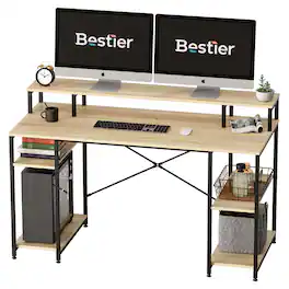Bestier - 55 Inch Ergonomic Computer Desk with Monitor Riser, P2 Wood Table with 2-Tier Adjustable Lower Storage Shelves - Light Oak