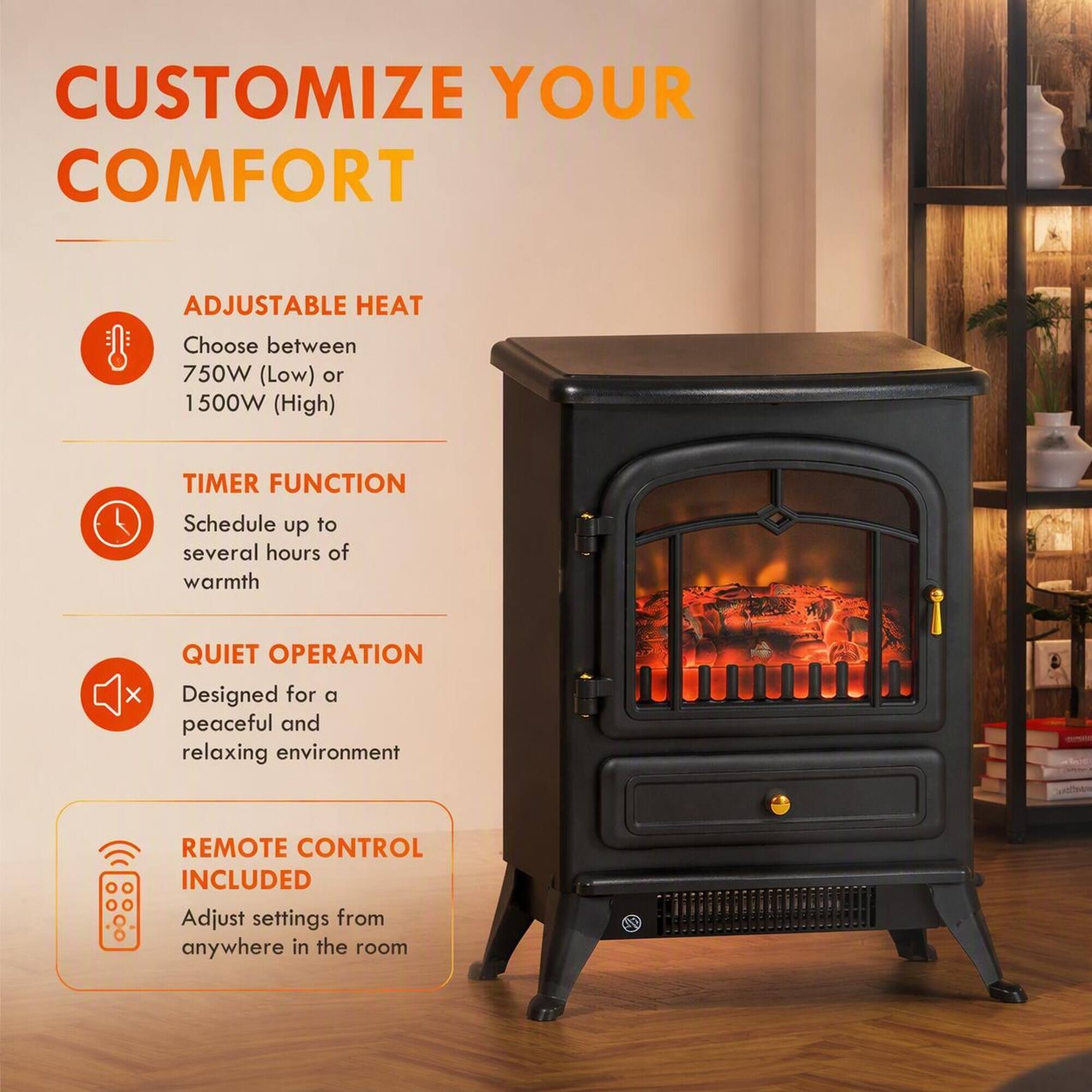 CUSTOMIZE YOUR COMFORT

ADJUSTABLE HEAT
Choose between 750W (Low) or 1500W (High)

TIMER FUNCTION
Schedule up to several hours of warmth

QUIET OPERATION
Designed for a peaceful and relaxing environment

REMOTE CONTROL INCLUDED
Adjust settings from anywhere in the room
