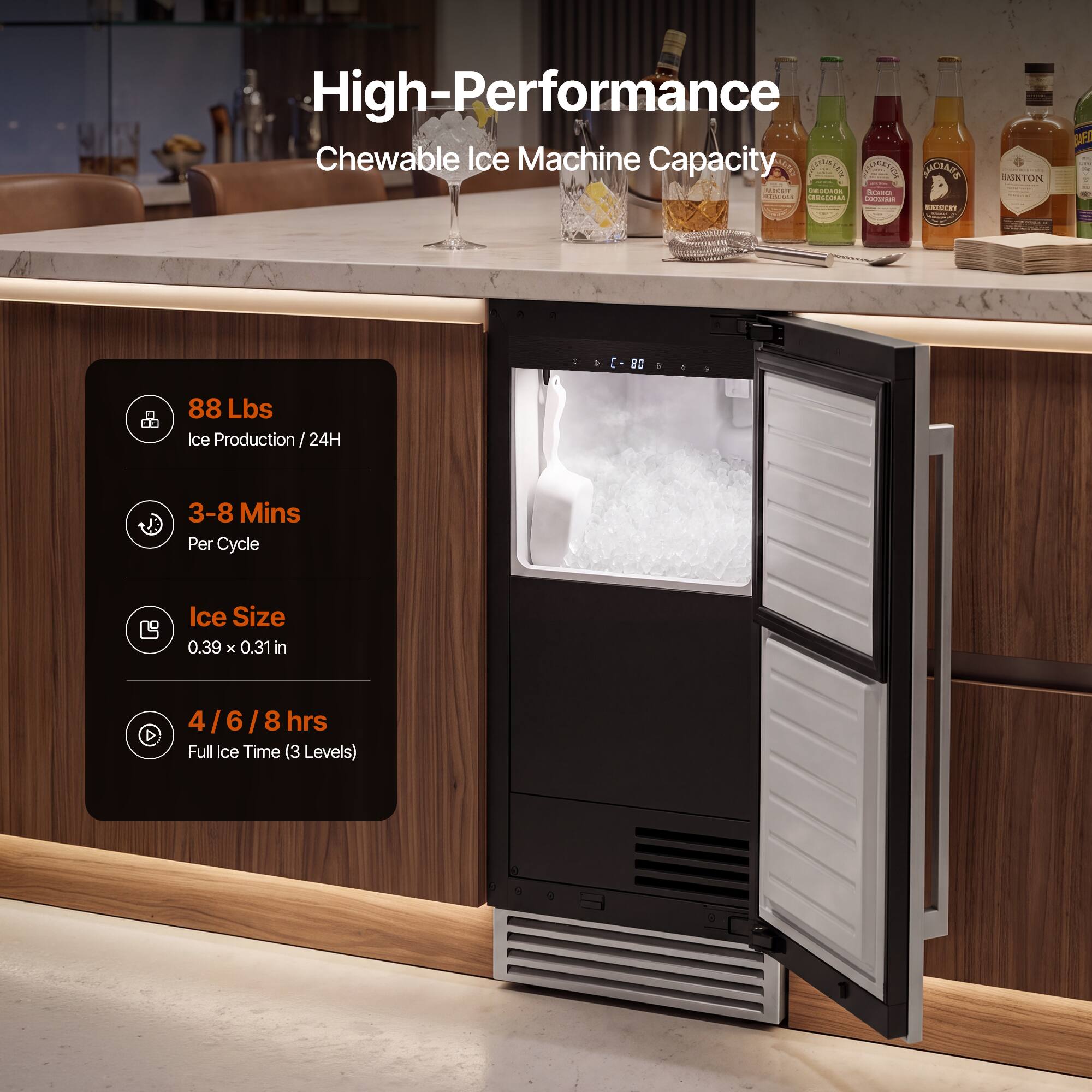 High-Performance Chewable Ice Machine Capacity

88 Lbs Ice Production / 24H
3-8 Mins Per Cycle
Ice Size 0.39 x 0.31 in
4/6/8 hrs Full Ice Time (3 Levels)