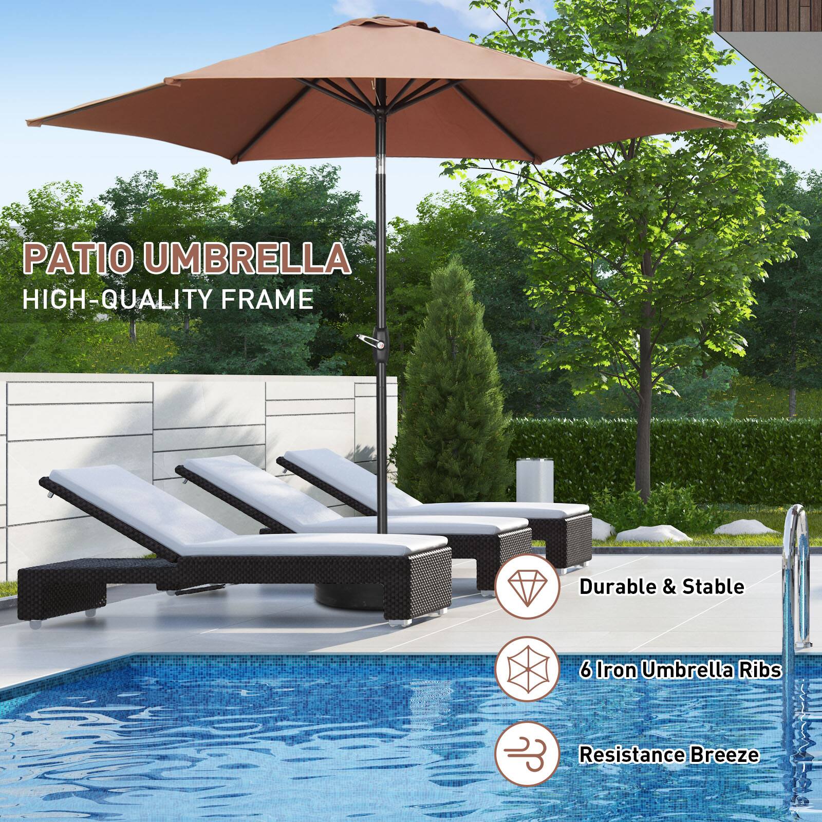 PATIO UMBRELLA  
HIGH-QUALITY FRAME  
Durable & Stable  
6 Iron Umbrella Ribs  
Resistance Breeze