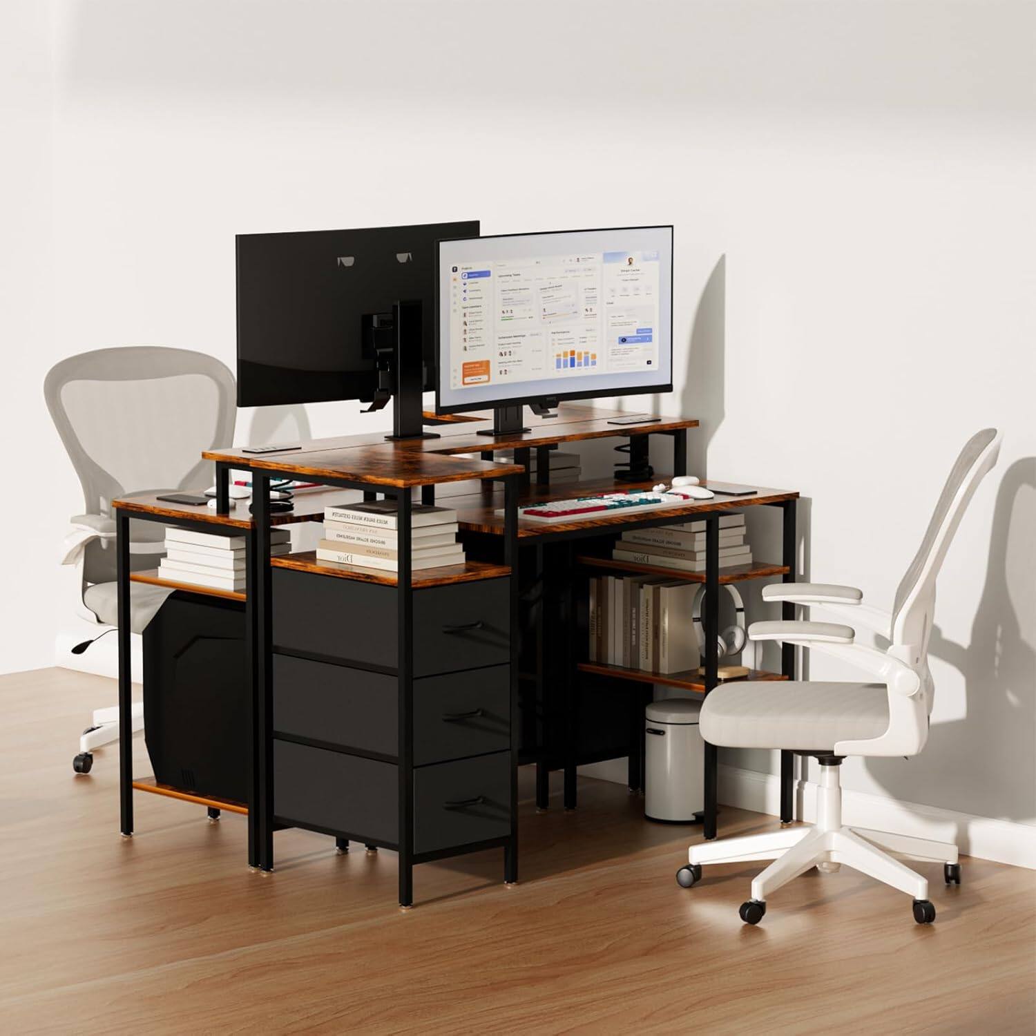 Alt View 8. Winado - 47" L-Shaped Computer Gaming Desk with Fabric Drawers & Storage Shelves,Charging Station,Monitor Stand for Home Office - Rustic Brown.