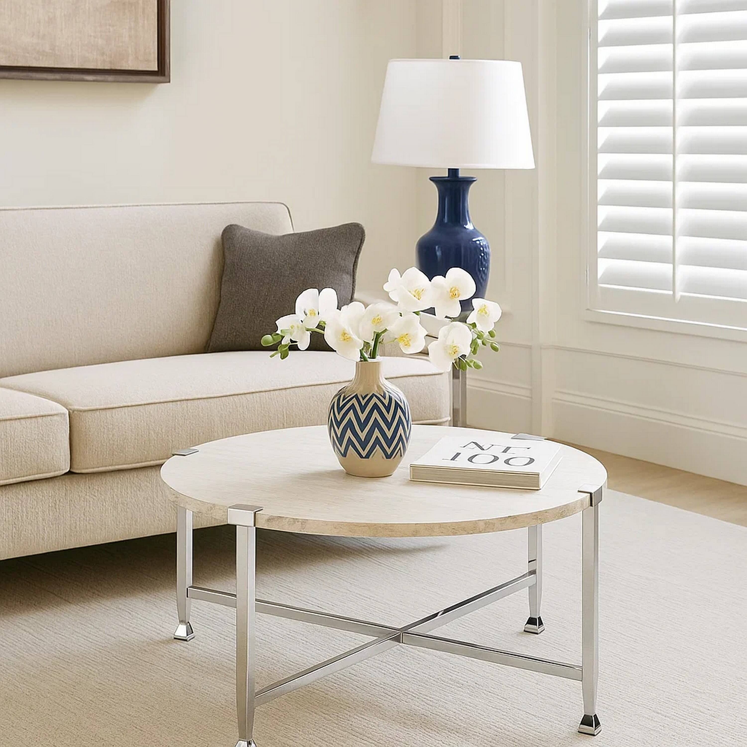 Alt View 5. Manhattan Lane - Coffee Table with X Shaped Metal Base and Round Wooden Top - Silver and Beige.