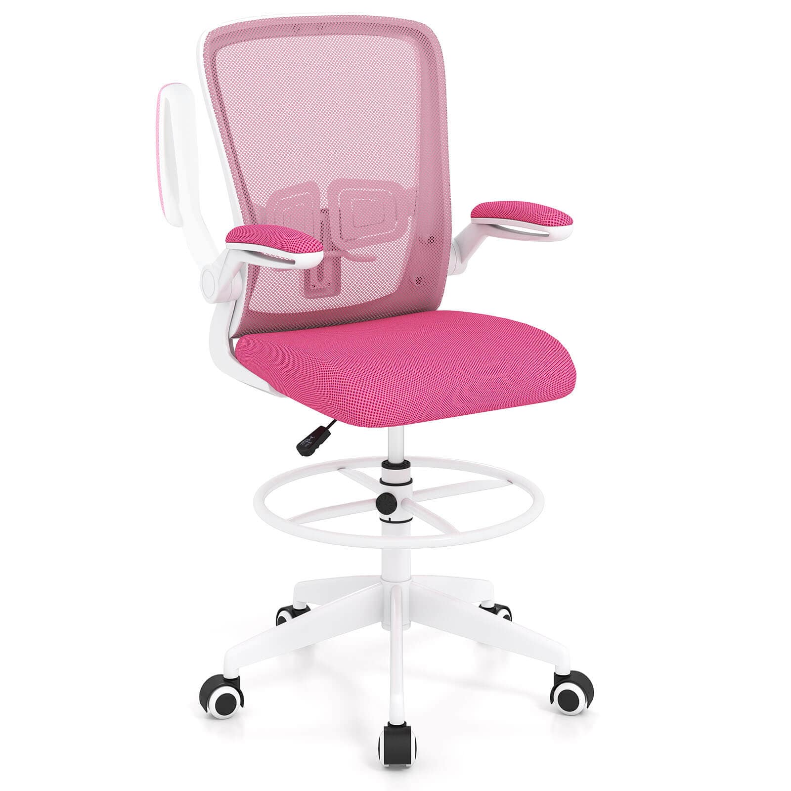 Costway - Home Office Drafting Chair with Flip-Up Armrests Adjustable Footrest Ring for Study - Pink
