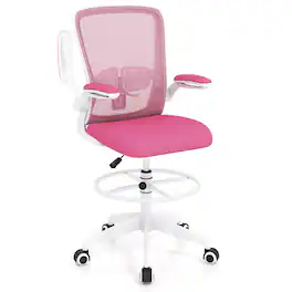 Costway - Home Office Drafting Chair with Flip-Up Armrests Adjustable Footrest Ring for Study - Pink