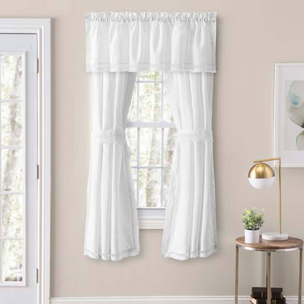 Angle. Ellis Curtain - Ellis Intricate Brush Fringe Sewn on Inside Edge and Bottom 1.5" Rod Pocket Tailored Pair 80"x63" W/Ties White - White.