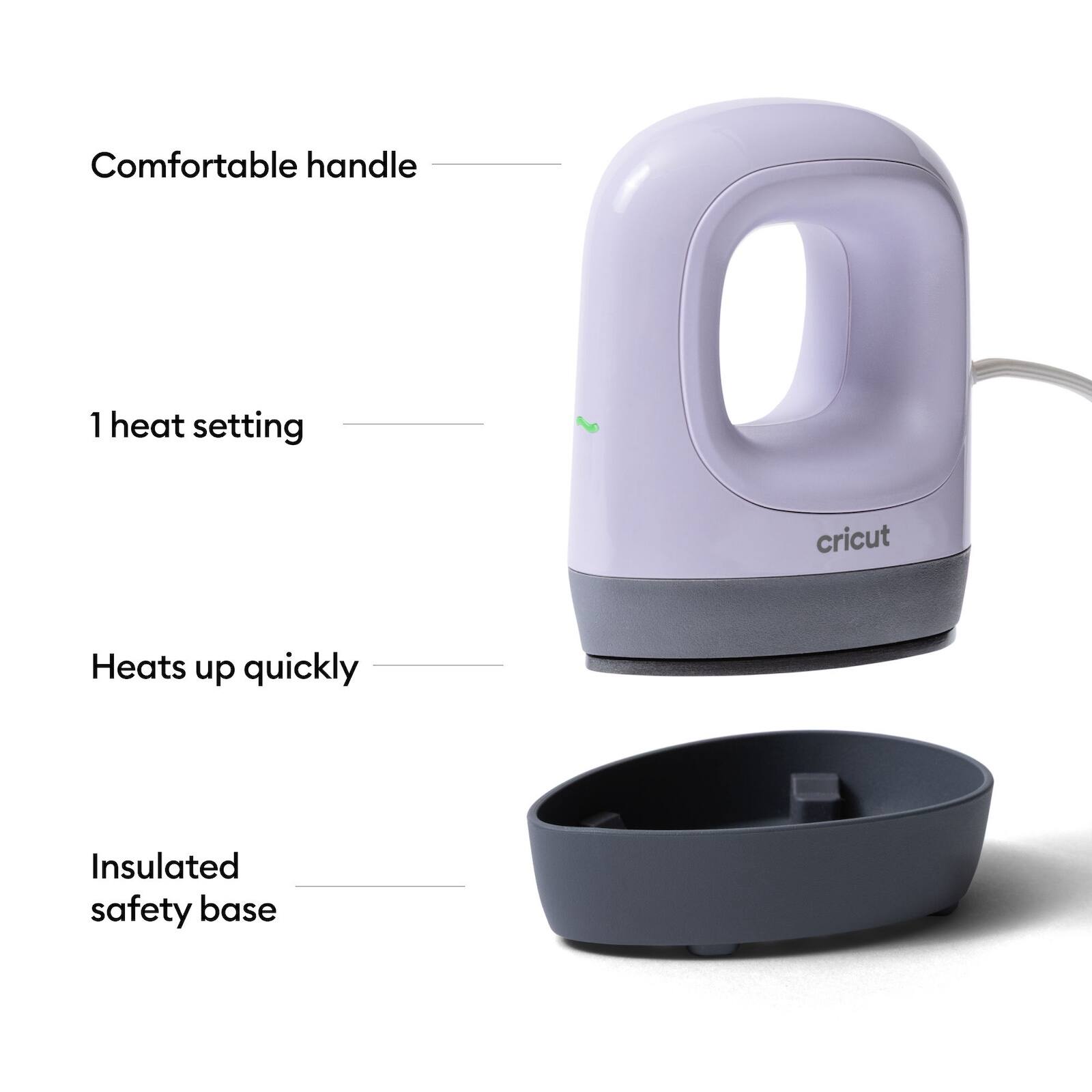 - Comfortable handle
- 1 heat setting
- Heats up quickly
- Insulated safety base