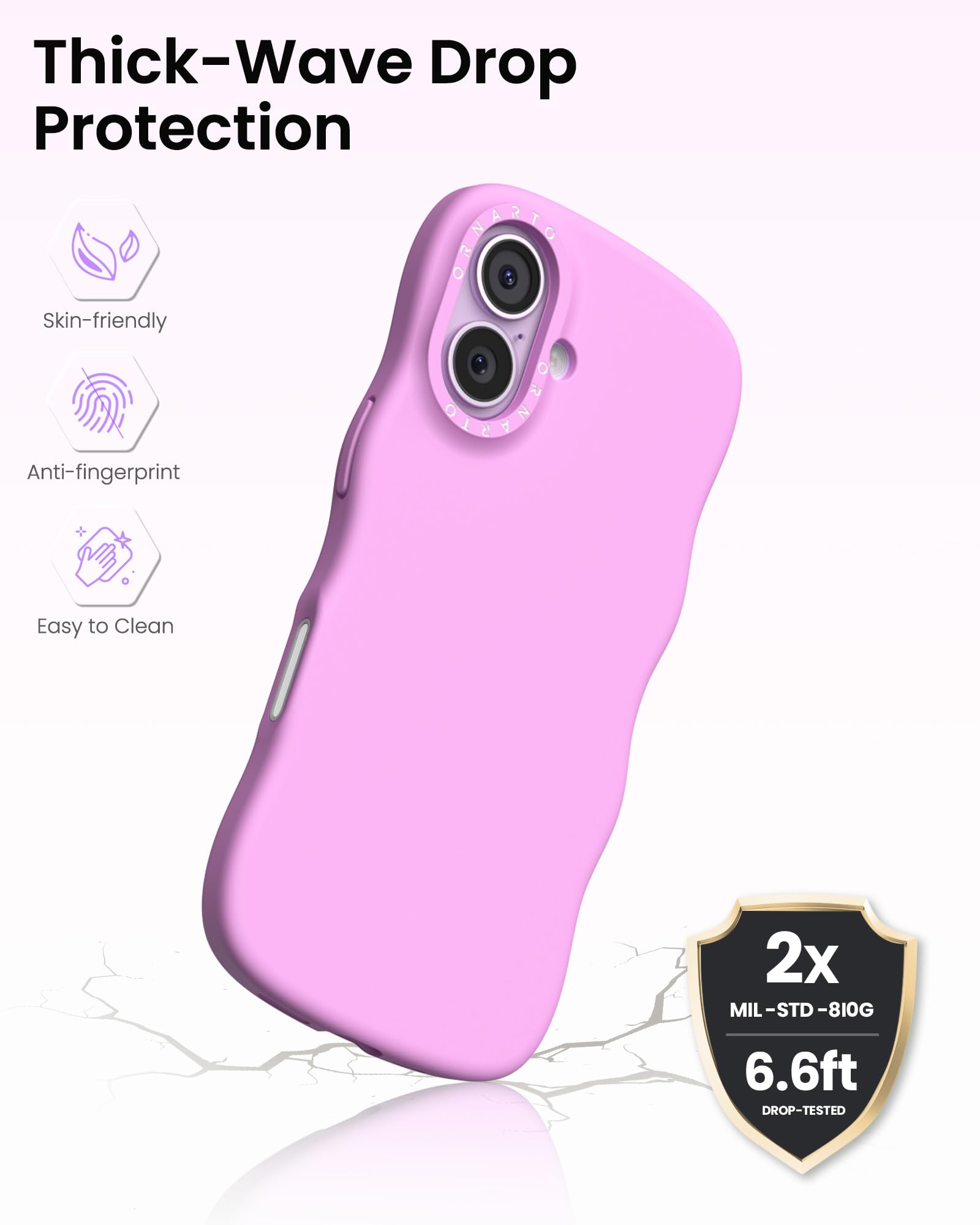 Thick-Wave Drop Protection

- Skin-friendly
- Anti-fingerprint
- Easy to Clean

2x MIL-STD-810G  
6.6ft DROP-TESTED