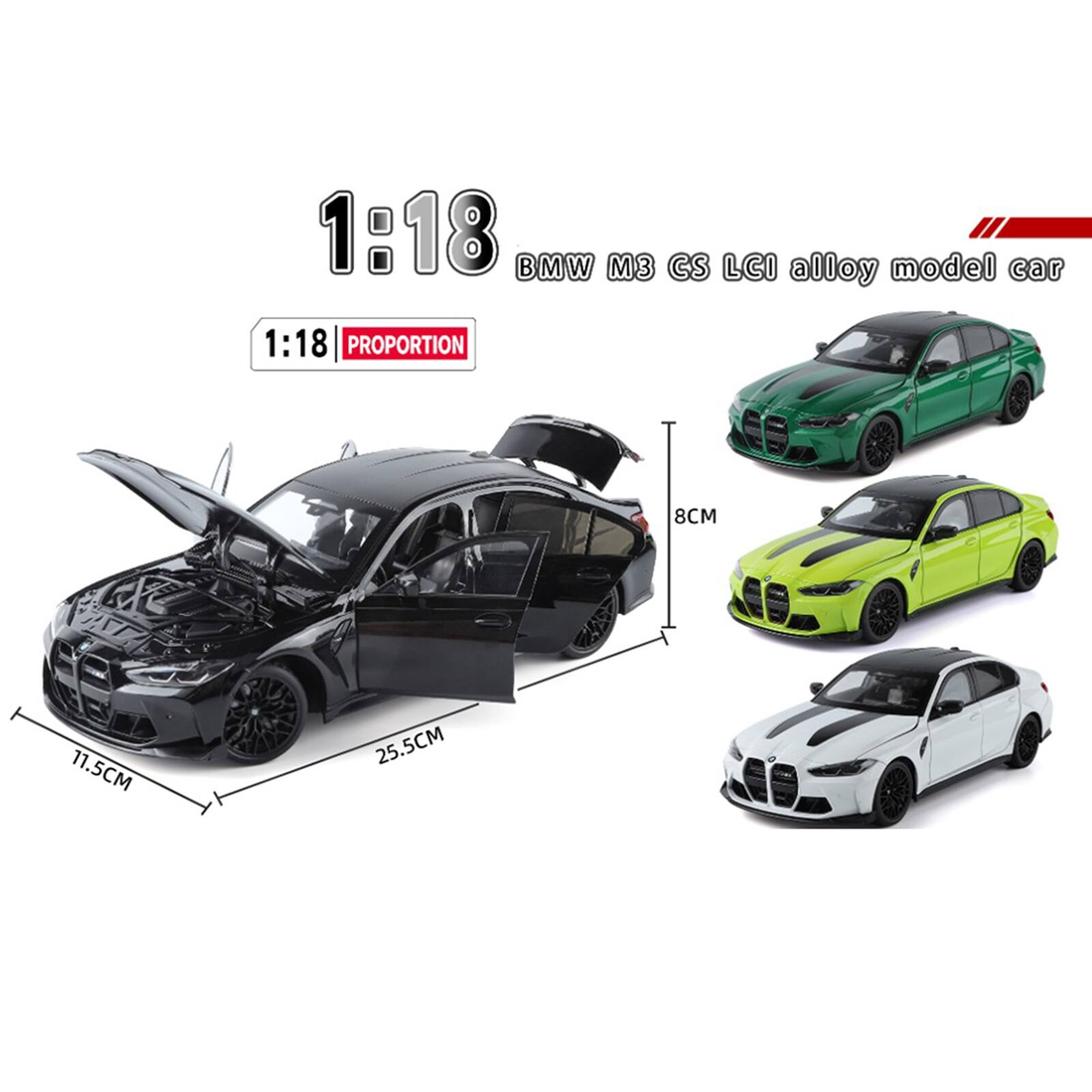 1:18 BMW M3 GS LCI alloy model car  
1:18 PROPORTION  
8CM  
11.5CM  
25.5CM