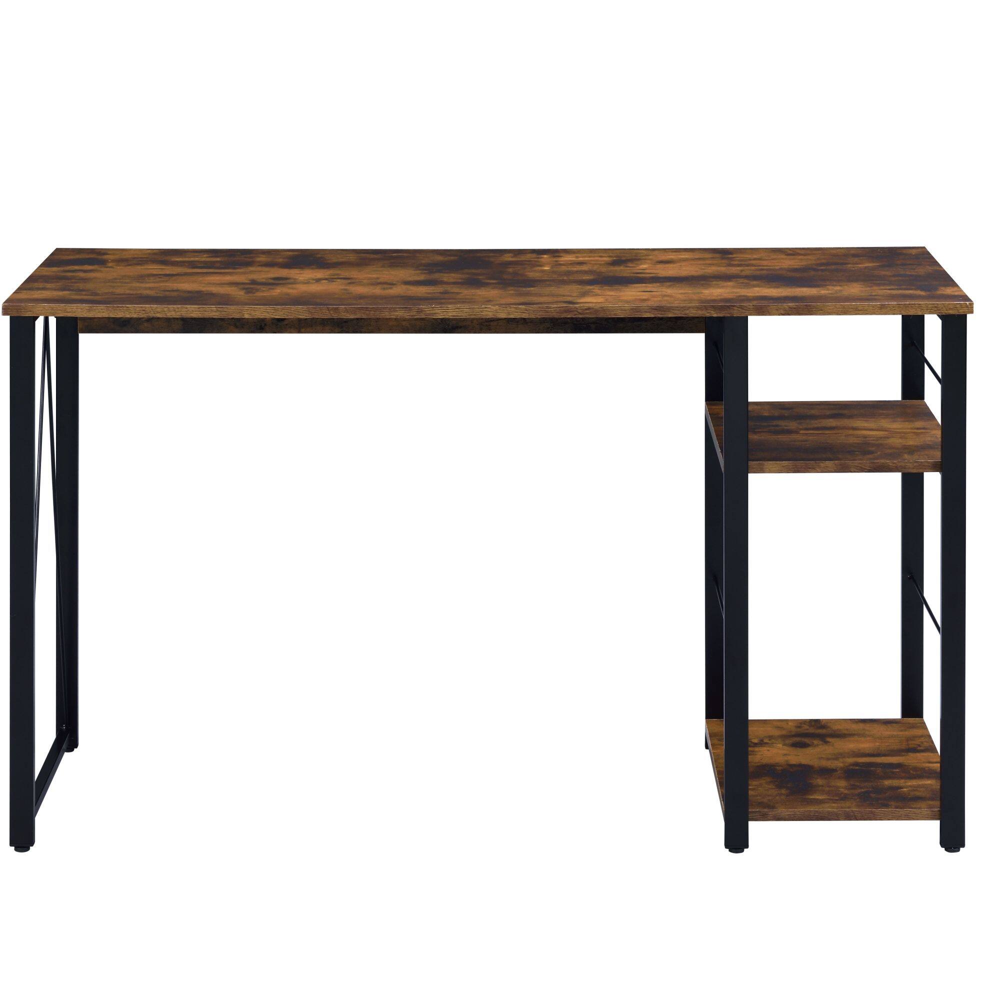 Left. GOODSILO - Two-Tier Writing Desk with Metal Open Base Design - Black+Oak.