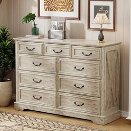 Dyonery - 9 Drawer Dresser for Bedroom, 52" Wide Rustic Wood Chest of Drawers with Large Storage and Metal Handles - OAK