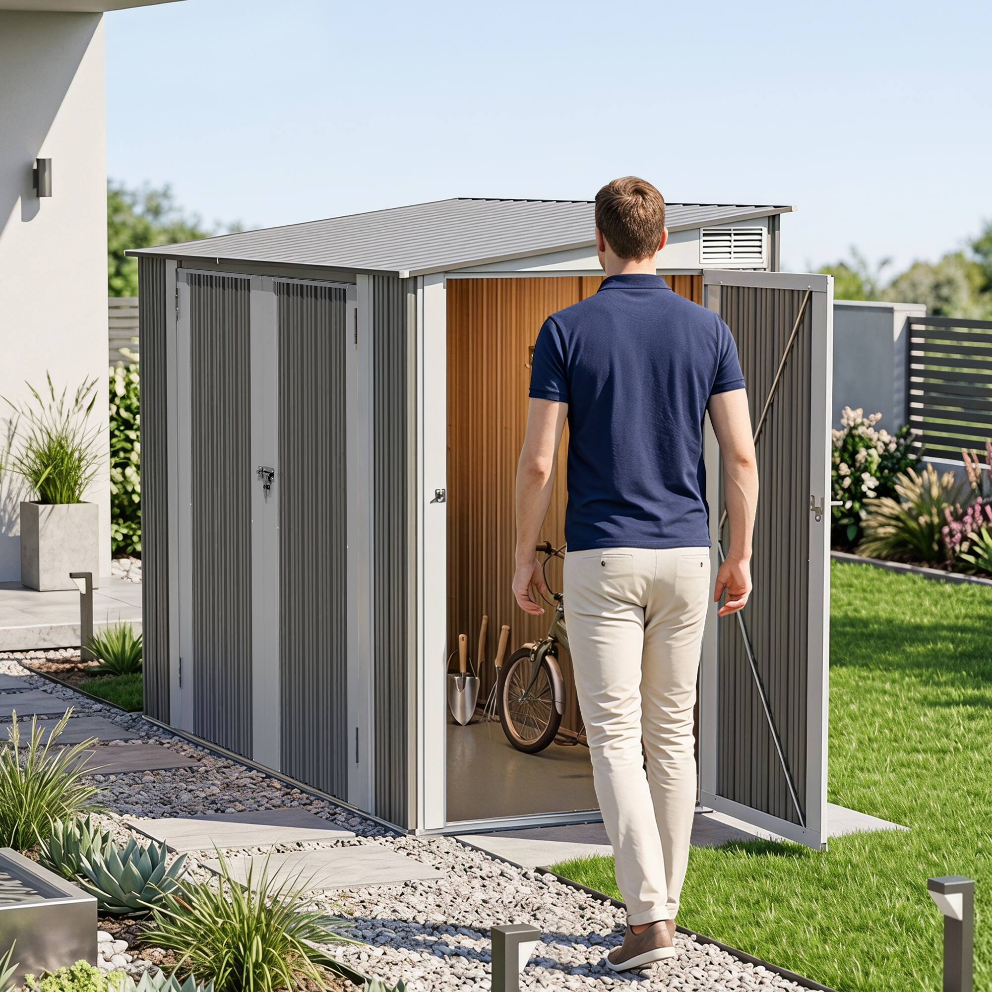 Back. Nuu Garden - 7 x 3.5 FT Galvanized Metal Outdoor Storage Shed with Air Vents, Lockable Doors, Sloped Roof - Olive Gray and White.