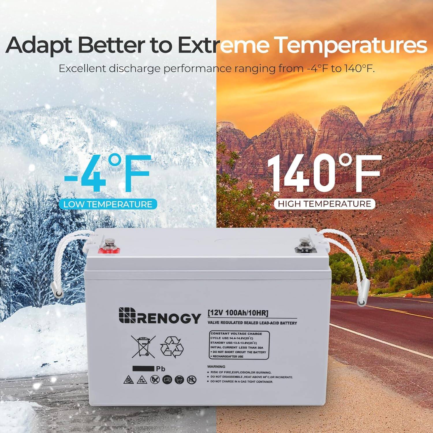 Adapt Better to Extreme Temperatures. Excellent discharge performance ranging from -4F to 140F. -4F LOW TEMPERATURE 140F HIGH TEMPERATURE [12V 100Ah/10HR] RENOGY VALVE REGULATED SEALED LEAD-ACID BATTERY CONSTANT POLARISATION CURRENT: 155-158V3 40 C/20A. STANDBY: 155-158V3 40 C/20A. FEATURES: 12V 100Ah/10HR. RENOGY VALVE REGULATED SEALED LEAD-ACID BATTERY. CONSTANT POLARISATION. CURRENT: 155-158V3 40 C/20A. STANDBY: 155-158V3 40 C/20A.