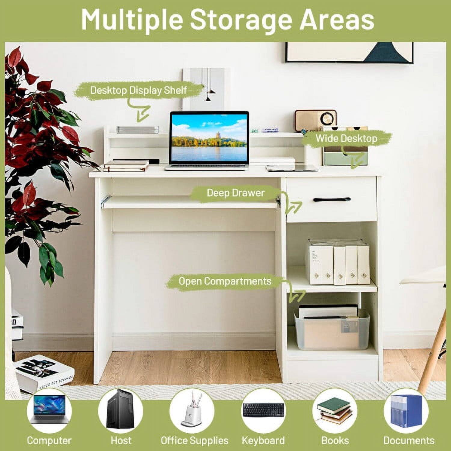 Multiple Storage Areas

- Desktop Display Shelf
- Wide Desktop
- Deep Drawer
- Open Compartments

Items that can be stored:
- Computer
- Host
- Office Supplies
- Keyboard
- Books
- Documents