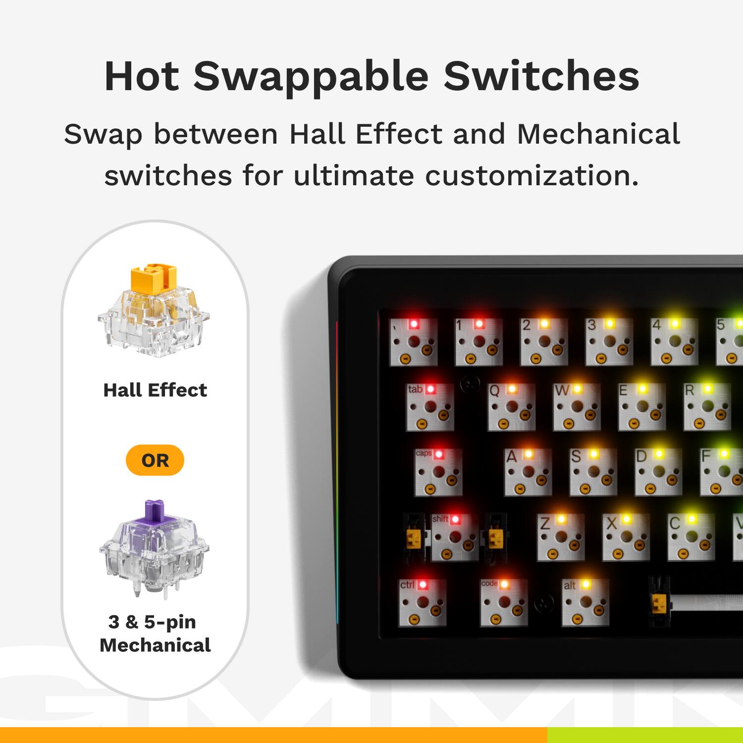 Hot Swappable Switches  
Swap between Hall Effect and Mechanical switches for ultimate customization.  

Hall Effect  
OR  
3 & 5-pin Mechanical