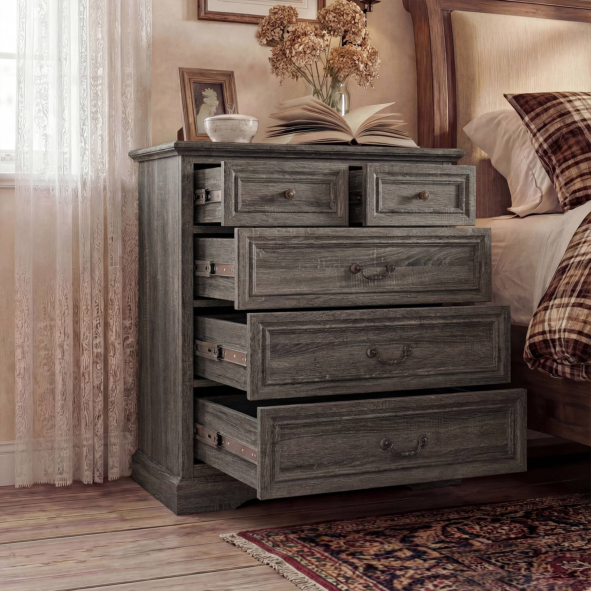 Alt View 9. FUFU & GAGA - Vintage 5-Drawer Dresser Chest - Distressed Finish Bedroom Storage Organizer with Bronze Hardware for Clothes, Linens - Distressed gray.