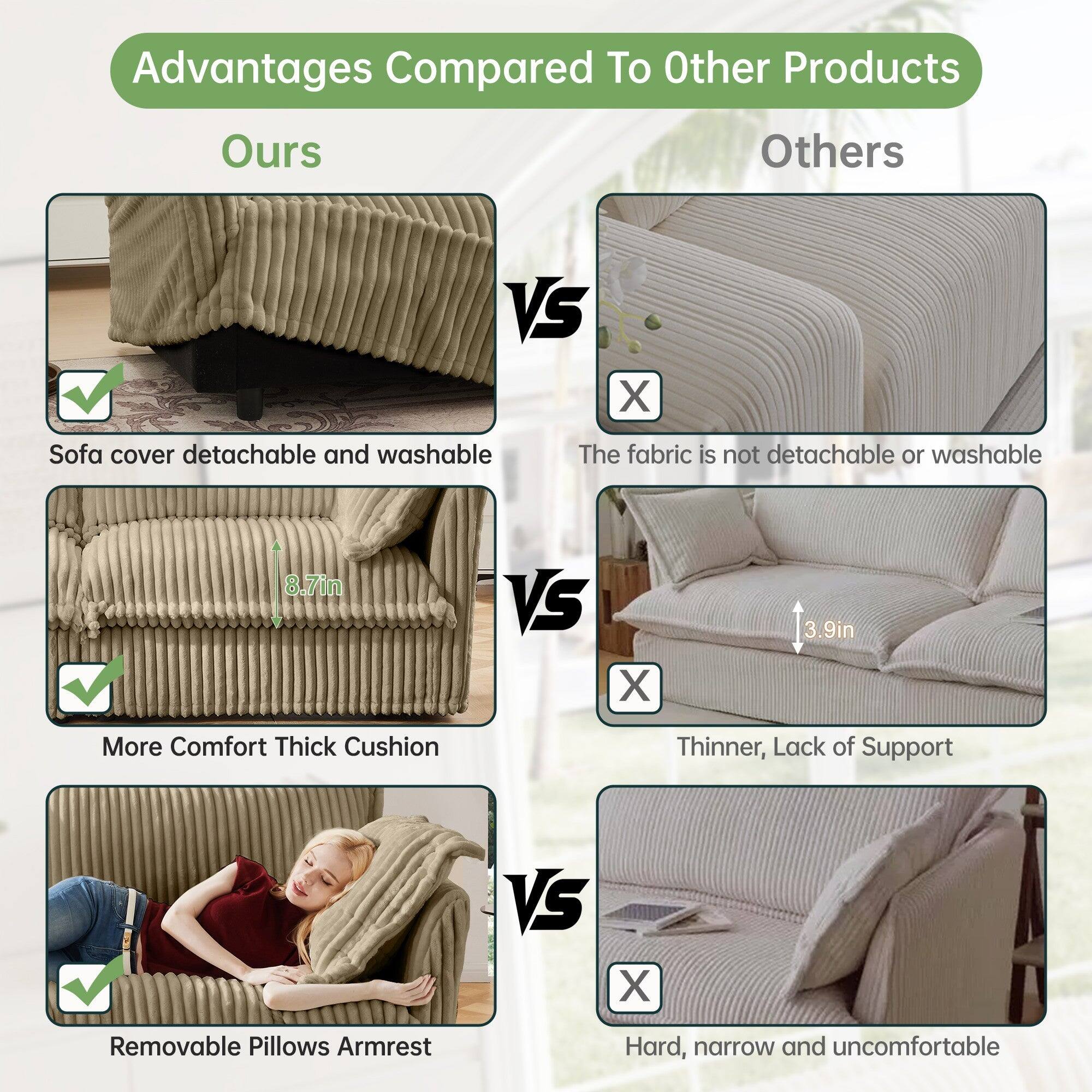 Advantages Compared To Other Products

Ours VS Others

- Sofa cover detachable and washable
  - The fabric is not detachable or washable

- More Comfort Thick Cushion
  - Thinner, Lack of Support

- Removable Pillows Armrest
  - Hard, narrow and uncomfortable

8.7in VS 3.9in