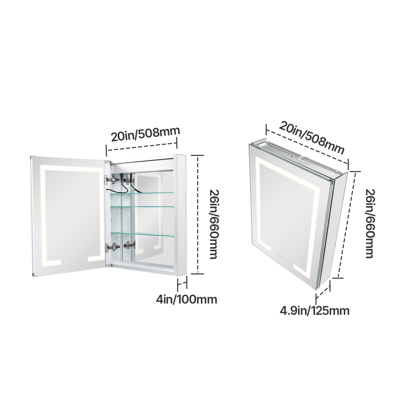 20in/508mm, 26in/660mm, 4in/100mm, 4.9in/125mm