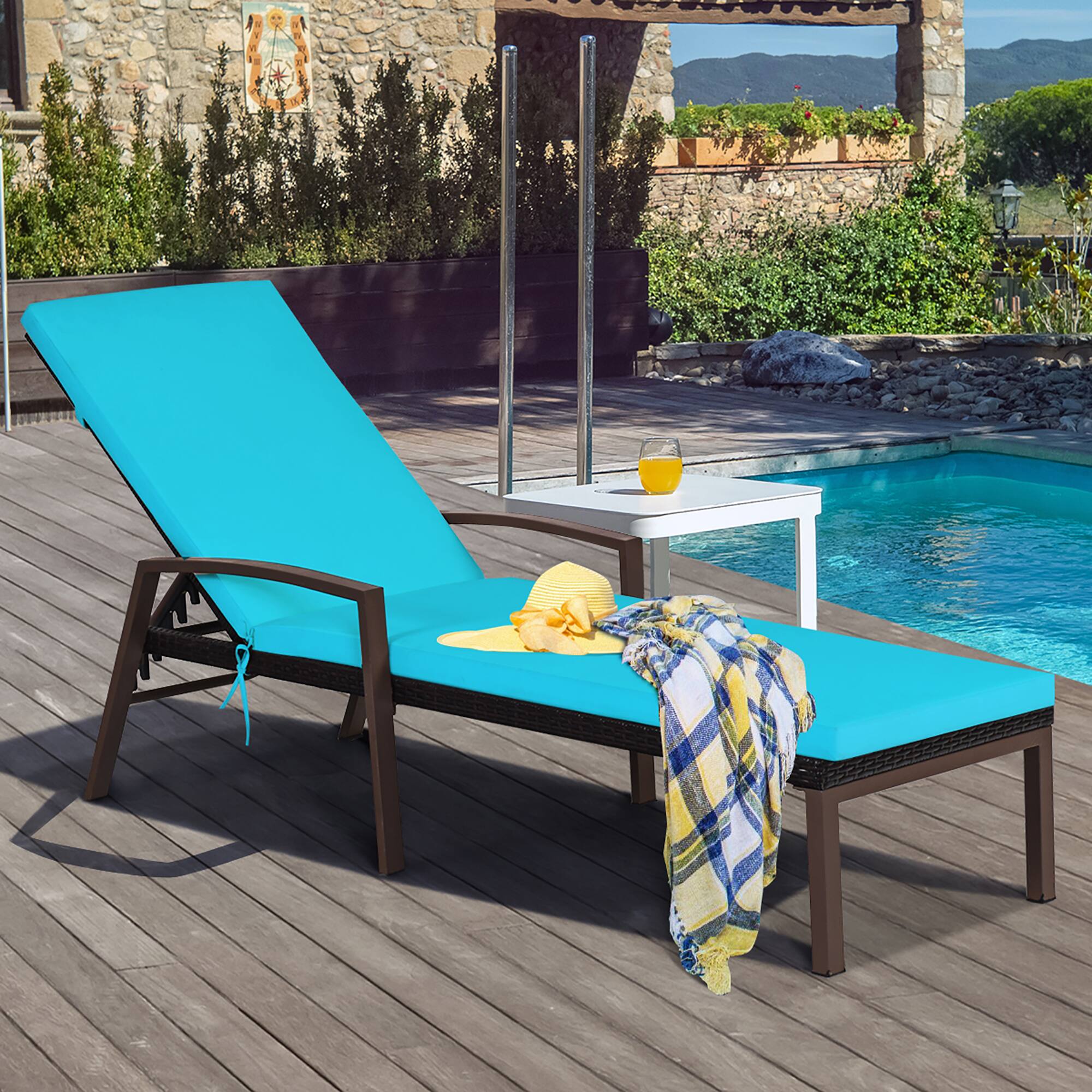 Alt View 4. Costway - 2PCS Patio Rattan Lounge Chair Chaise Recliner Back Adjustable Cushioned - Turquoise.