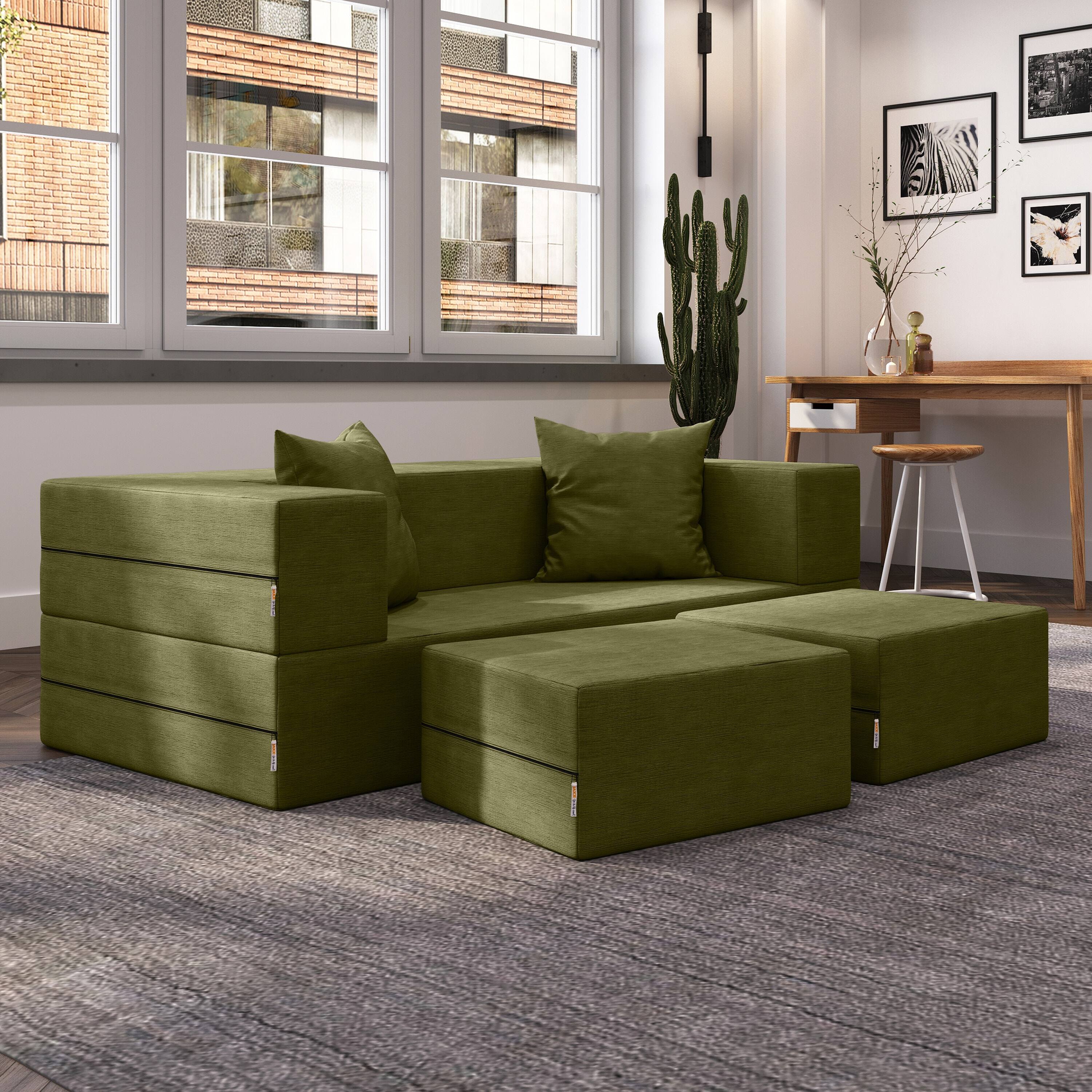 Left. Jaxx - Jaxx Zipline Convertible Sleeper Loveseat & Ottomans, Textured Microvelvet - Moss - Moss.
