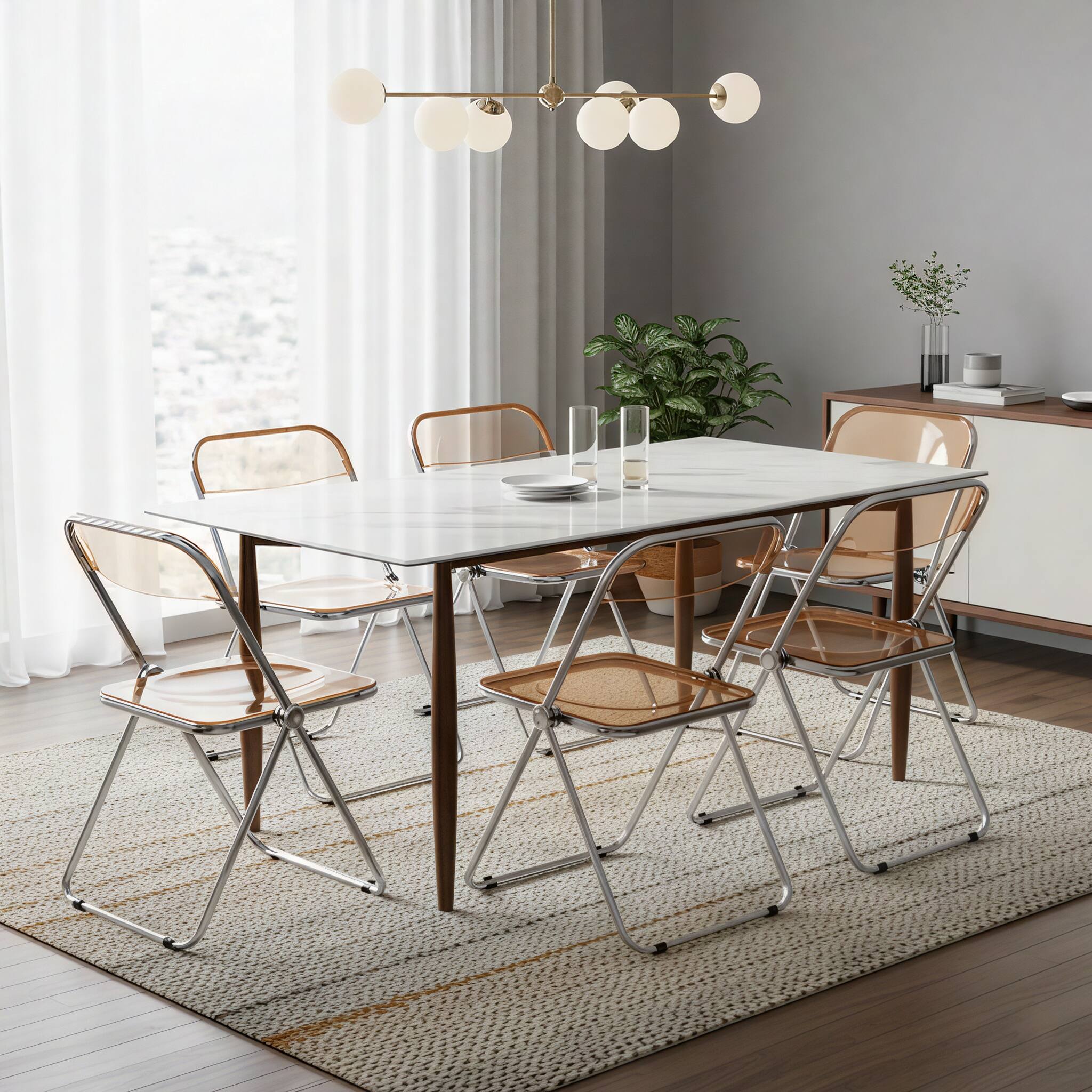 Angle. LeisureMod - Lawrence 4-PCS Modern Acrylic Folding Chair with Chrome Steel Frame - Space-Saving Portable Chair - Amber.