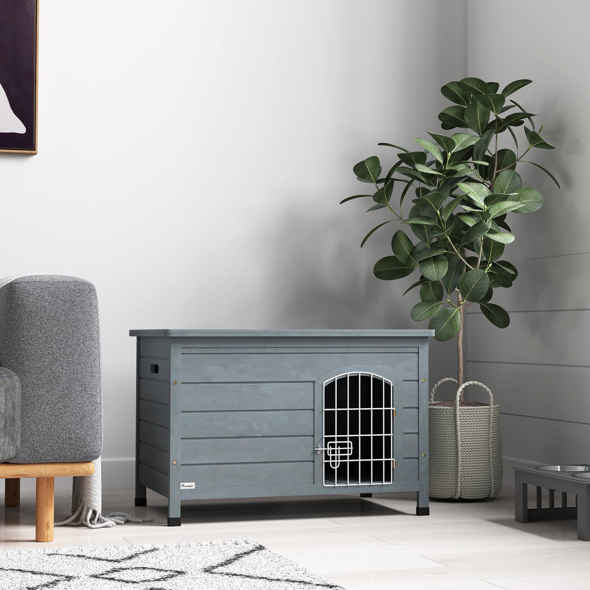 Alt View 5. Pawhut - 31"L Wooden Decorative Dog Cage, Wire Door with Lock, Openable Top, Removable Bottom.