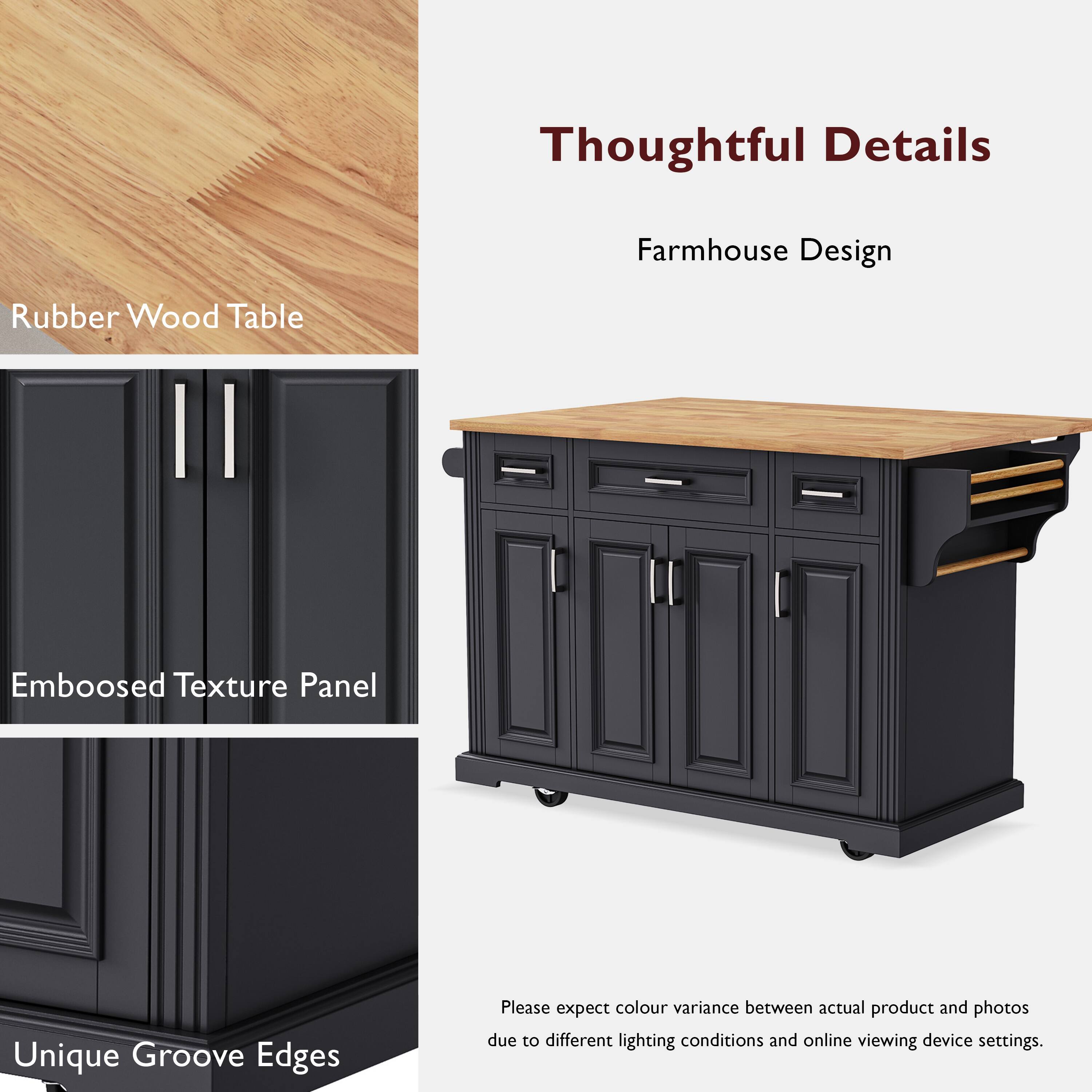 Thoughtful Details  
Farmhouse Design  

Rubber Wood Table  
Embossed Texture Panel  
Unique Groove Edges  

Please expect colour variance between actual product and photos due to different lighting conditions and online viewing device settings.