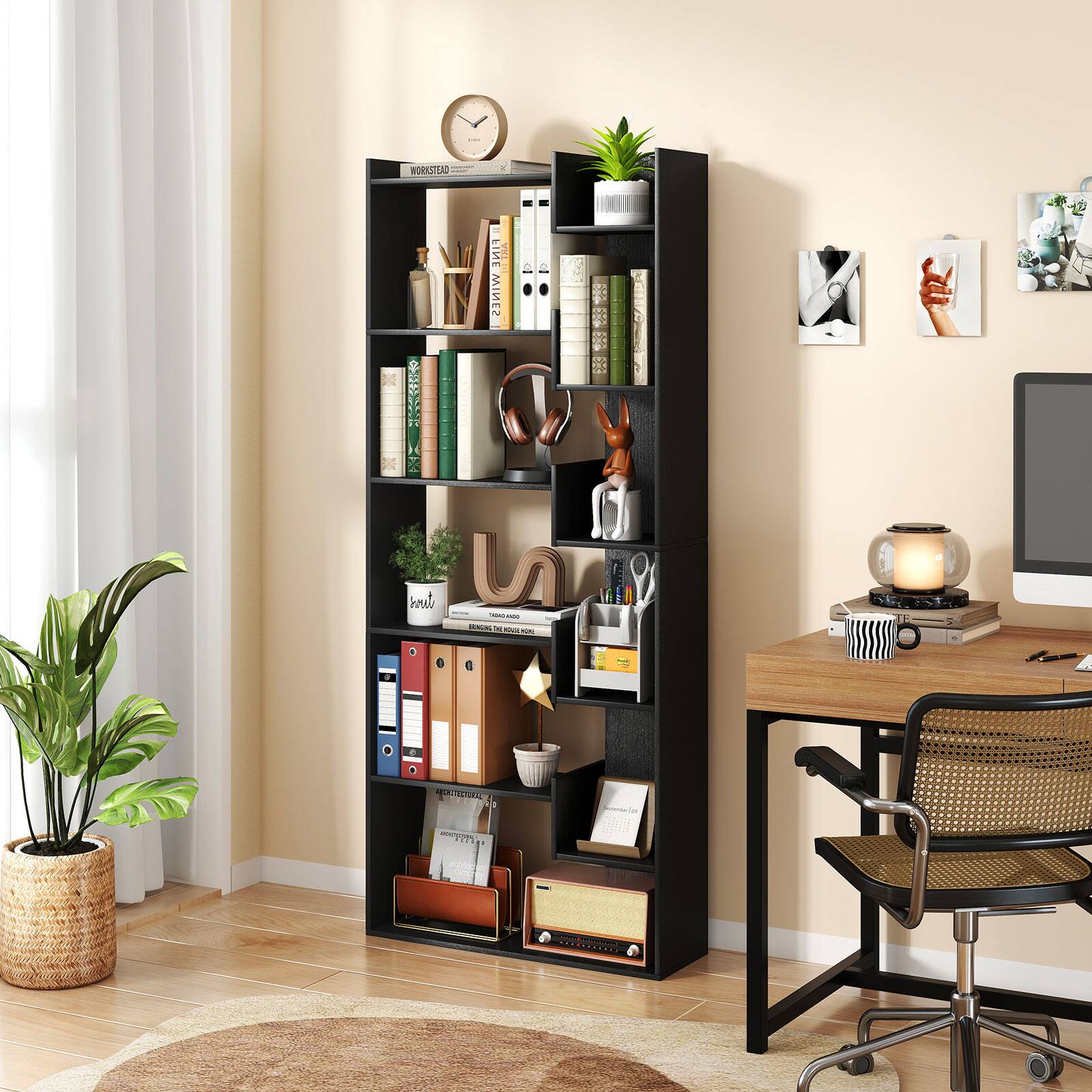 The text on the image reads, "WORSTEA 3NI O WINES K tuws L - - -N - -Ve - - - 117." However, this text does not make sense and does not seem to be related to the image. The image features a bookshelf filled with books, a desk with a computer, a clock, and a potted plant. The text does not provide any context or information about the content of the image.