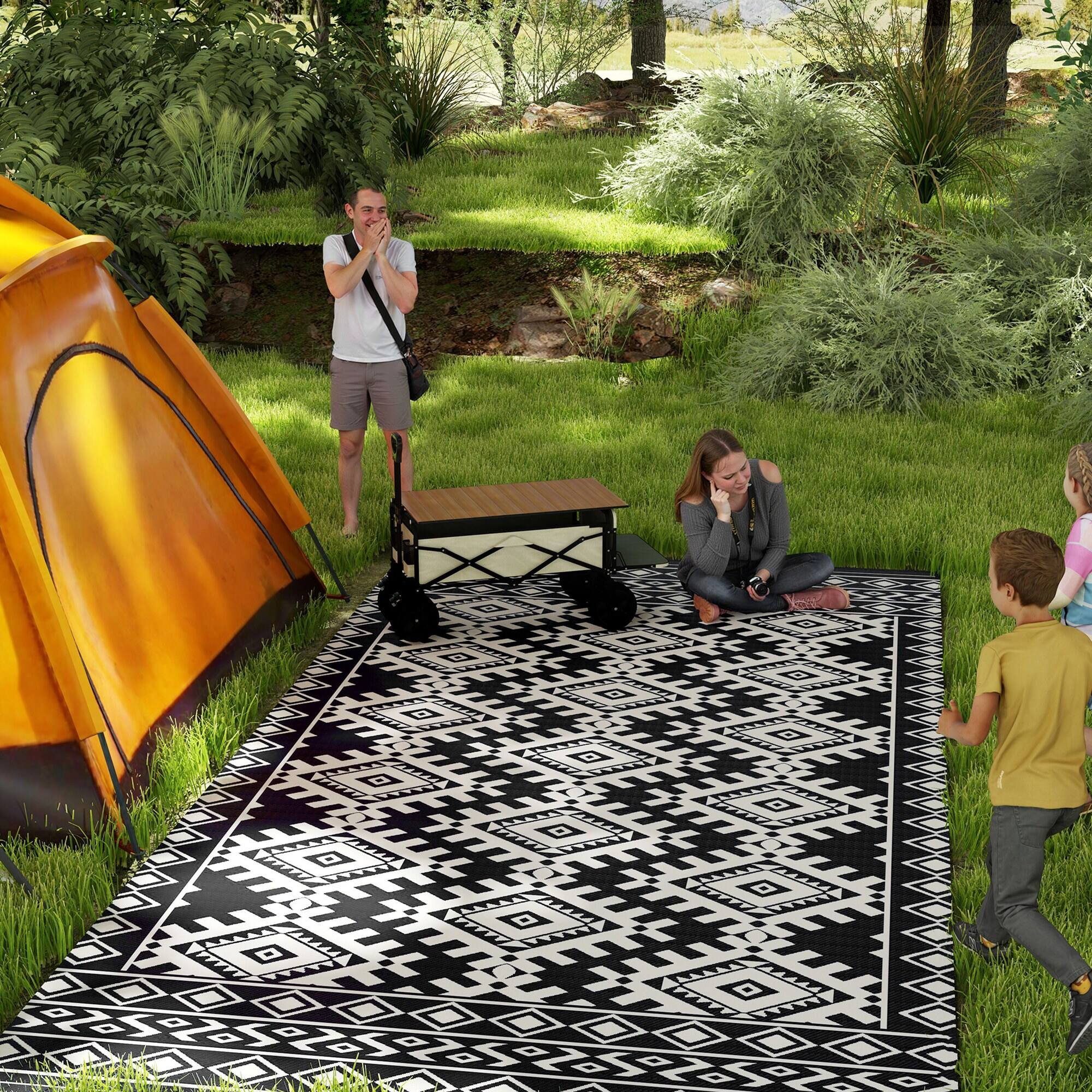 Alt View 1. Outsunny - Outdoor Rug for Patio, 9' x 18' Waterproof Large Mat, Reversible Plastic Straw Rug for Décor - Black and White Rhombus Border.