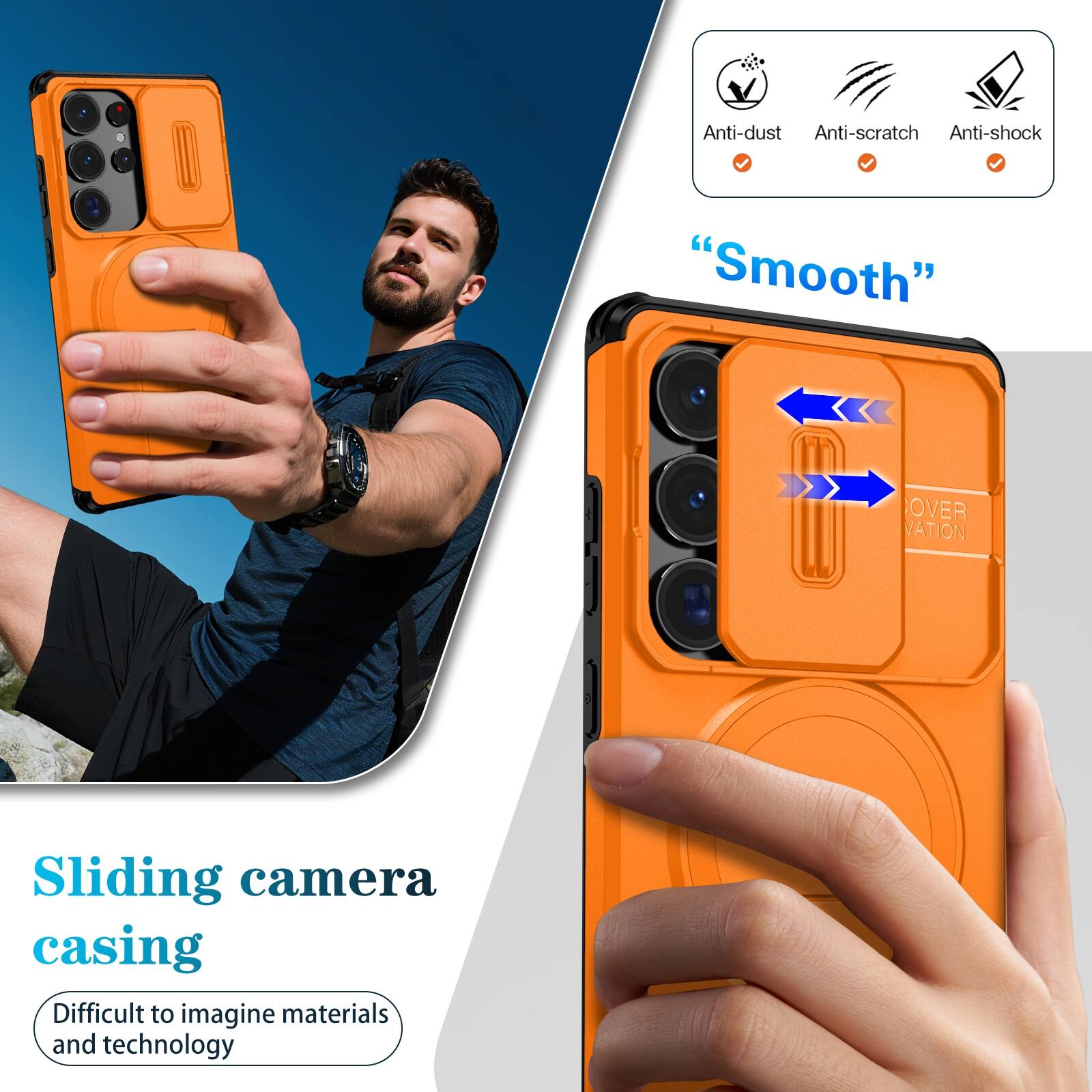 Anti-dust  
Anti-scratch  
Anti-shock  

"Smooth"  

Sliding camera casing  
Difficult to imagine materials and technology
