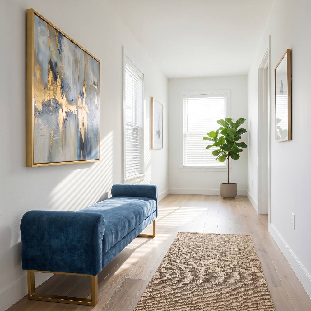 Back. Ropilly - Ropilly Blue Chenille End of Bed Bench Upholstered Bedroom Ottoman Bench with Gold Legs and Arms for Entryway - Blue.