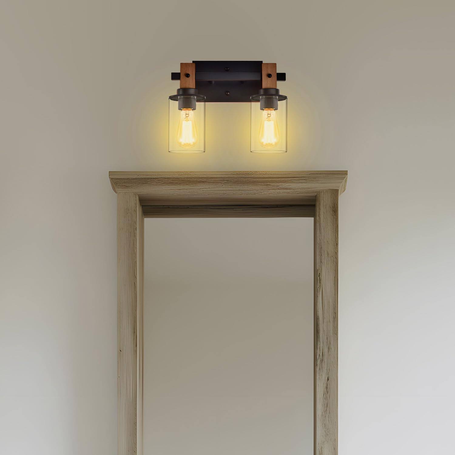 Alt View 6. TECH SAFARI - Farmhouse Bathroom Light Fixtures Vanity With Clear Glass Cylinder Shades Matte Metal Wood Rustic Wall Sc - 2-Light.