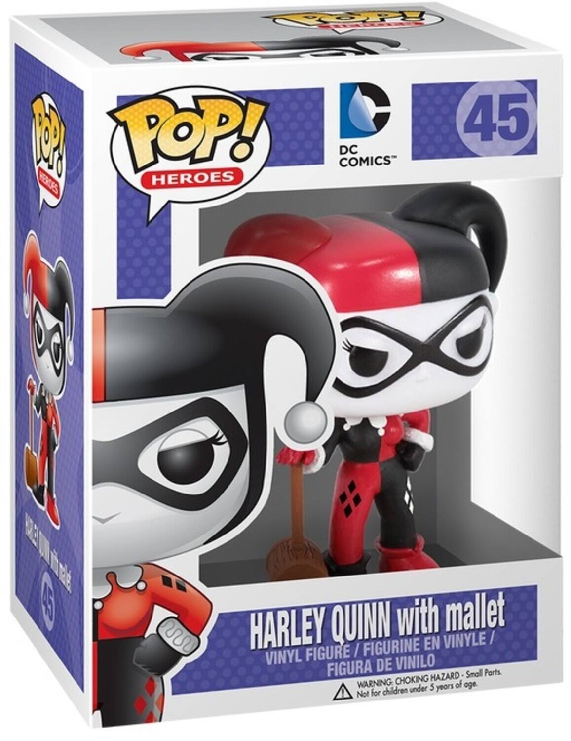 POP! HEROES, DC COMICS 45, HARLEY QUINN with mallet, EN VINYLE / VINYL FIGURE / FIGURINE FIGURA DE VINILO, HAZARD Small Ports., WARNING CHOKING of under 5 years age., 1 Not for children.