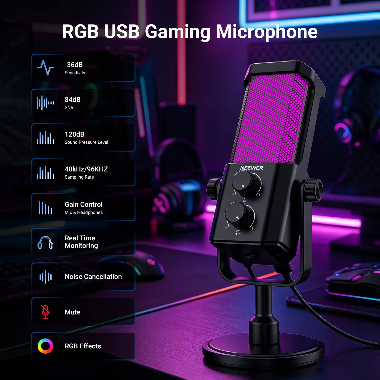 RGB USB Gaming Microphone  
-36dB Sensitivity  
84dB SNR  
120dB Sound Pressure Level  
48kHz/96kHz Sampling Rate  
NEEWER  
Gain Control Mic & Headphones  
Real Time Monitoring  
Noise Cancellation  
Mute  
RGB Effects