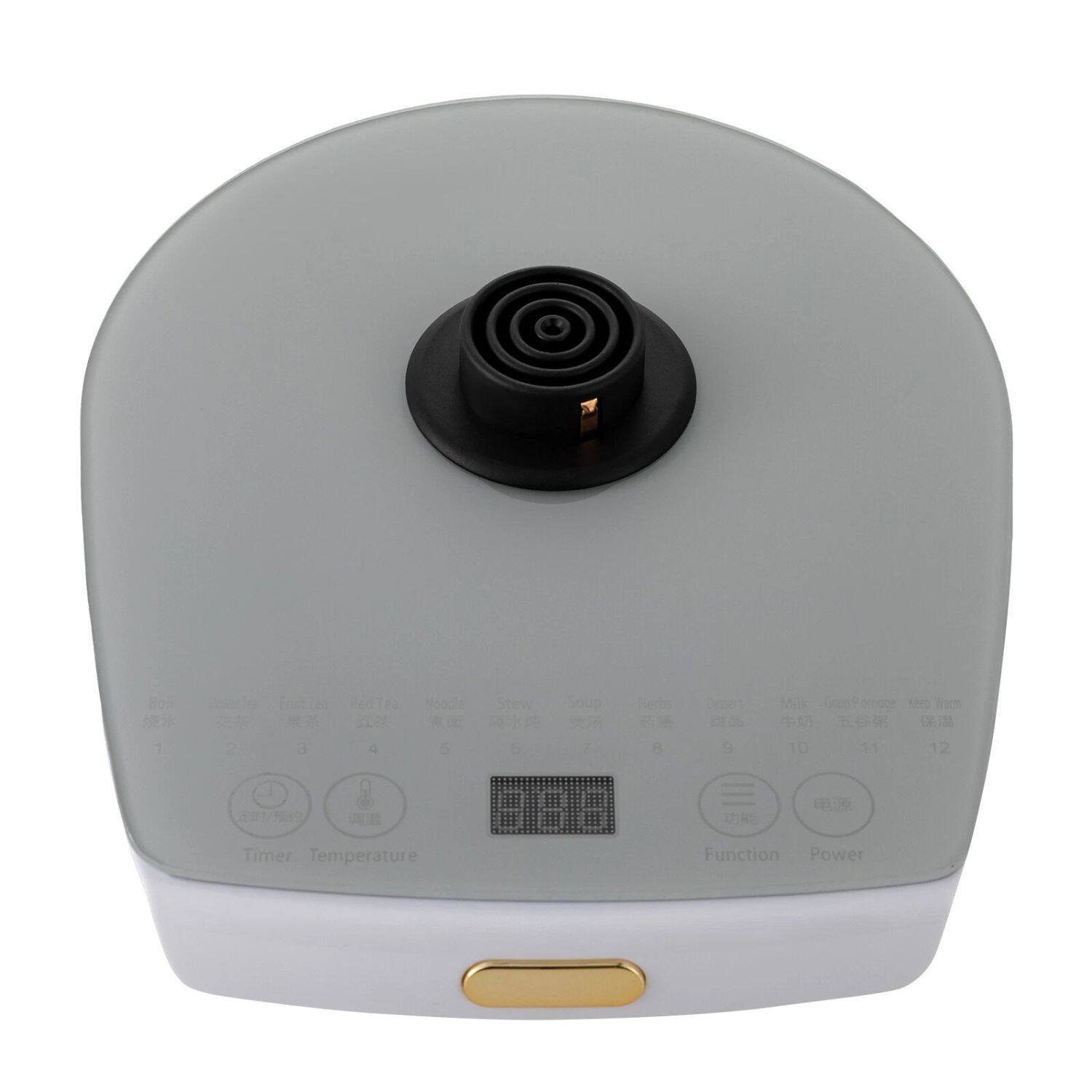 Sure, here is the corrected and grouped text from the image:

**Top Row:**
1. Boil
2. Porridge
3. Noodle
4. Red Tea
5. Milk Tea
6. Soup
7. Fried Rice
8. Dessert
9. Milk
10. Keep Warm
11. 
12. 

**Bottom Row:**
- Timer
- Temperature
- Function
- Power

**Additional Text:**
- 1: 水煮
- 2: 粥
- 3: 面条
- 4: 红茶
- 5: 奶茶
- 6: 汤
- 7: 炒饭
- 8: 甜品
- 9: 牛奶
- 10: 保温
- 11: 
- 12: 

**Buttons:**
- Timer
- Temperature
- Function
- Power