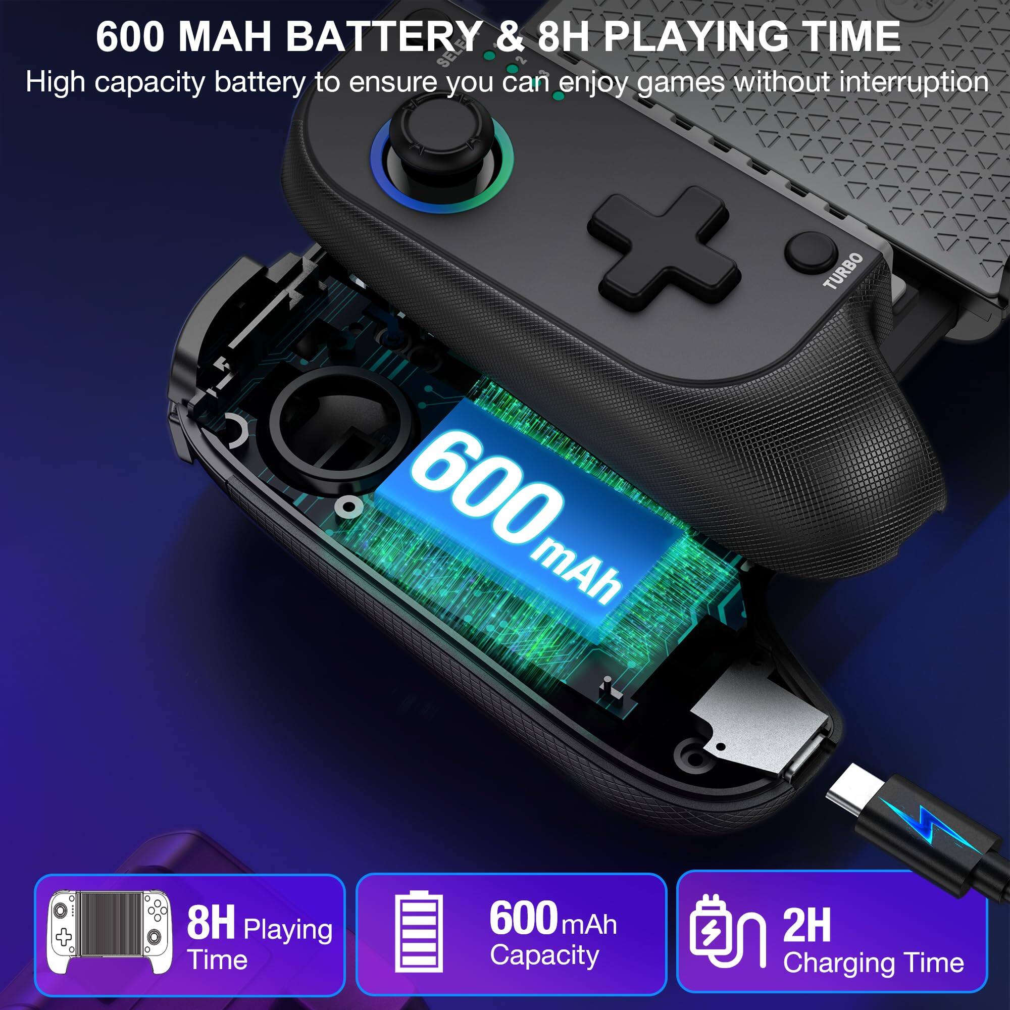 600 MAH BATTERY & 8H PLAYING TIME  
High capacity battery to ensure you can enjoy games without interruption  

600 mAh  
8H Playing Time  
600 mAh Capacity  
2H Charging Time