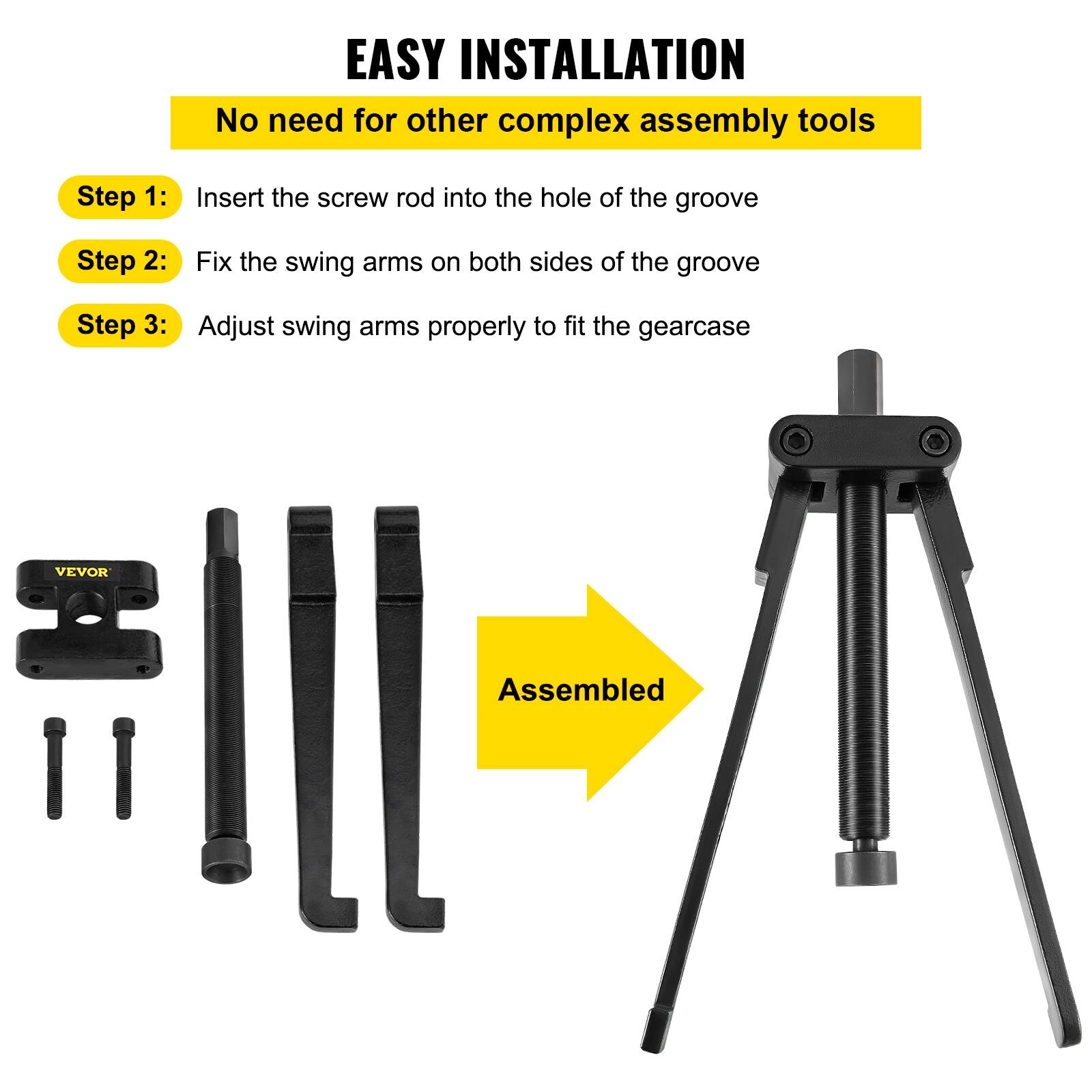 EASY INSTALLATION  
No need for other complex assembly tools

Step 1:  
Insert the screw rod into the hole of the groove

Step 2:  
Fix the swing arms on both sides of the groove

Step 3:  
Adjust swing arms properly to fit the gearcase

VEVOR  
Assembled