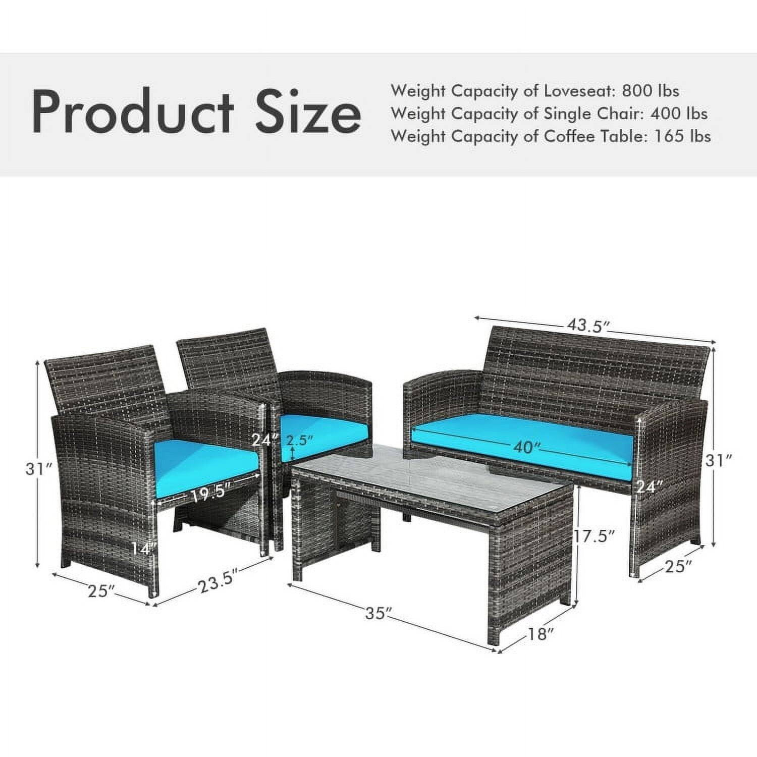 Weight Capacity of Loveseat: 800 lbs  
Weight Capacity of Single Chair: 400 lbs  
Weight Capacity of Coffee Table: 165 lbs  

Product Size:  
- 43.5"  
- 31"  
- 24"  
- 19.5"  
- 2.5"  
- 14"  
- 40"  
- 24"  
- 31"  
- 14"  
- 25"  
- 23.5"  
- 35"  
- 17.5"  
- 18"  
- 25"